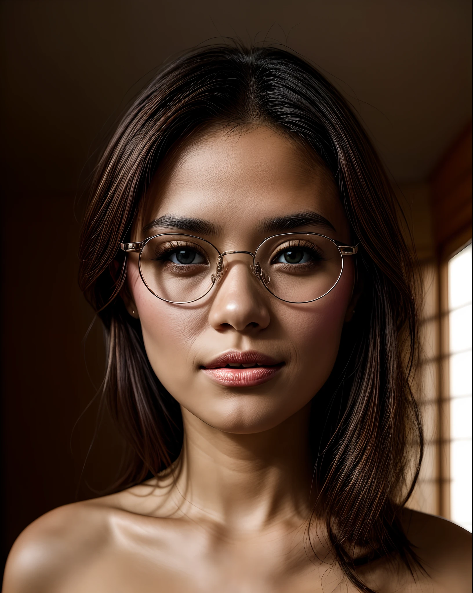 : Inside a luxurious bedroom, a young woman radiates beauty while wearing chic glasses. Her close-up portrait highlights her soft, symmetric facial features, creating a sense of intimacy. Captured with a Sony A1 and an 85mm F/1.4 lens, ISO 100, medium format, 45 megapixels, the photo combines flash and natural sunlight for a warm and inviting ambiance.