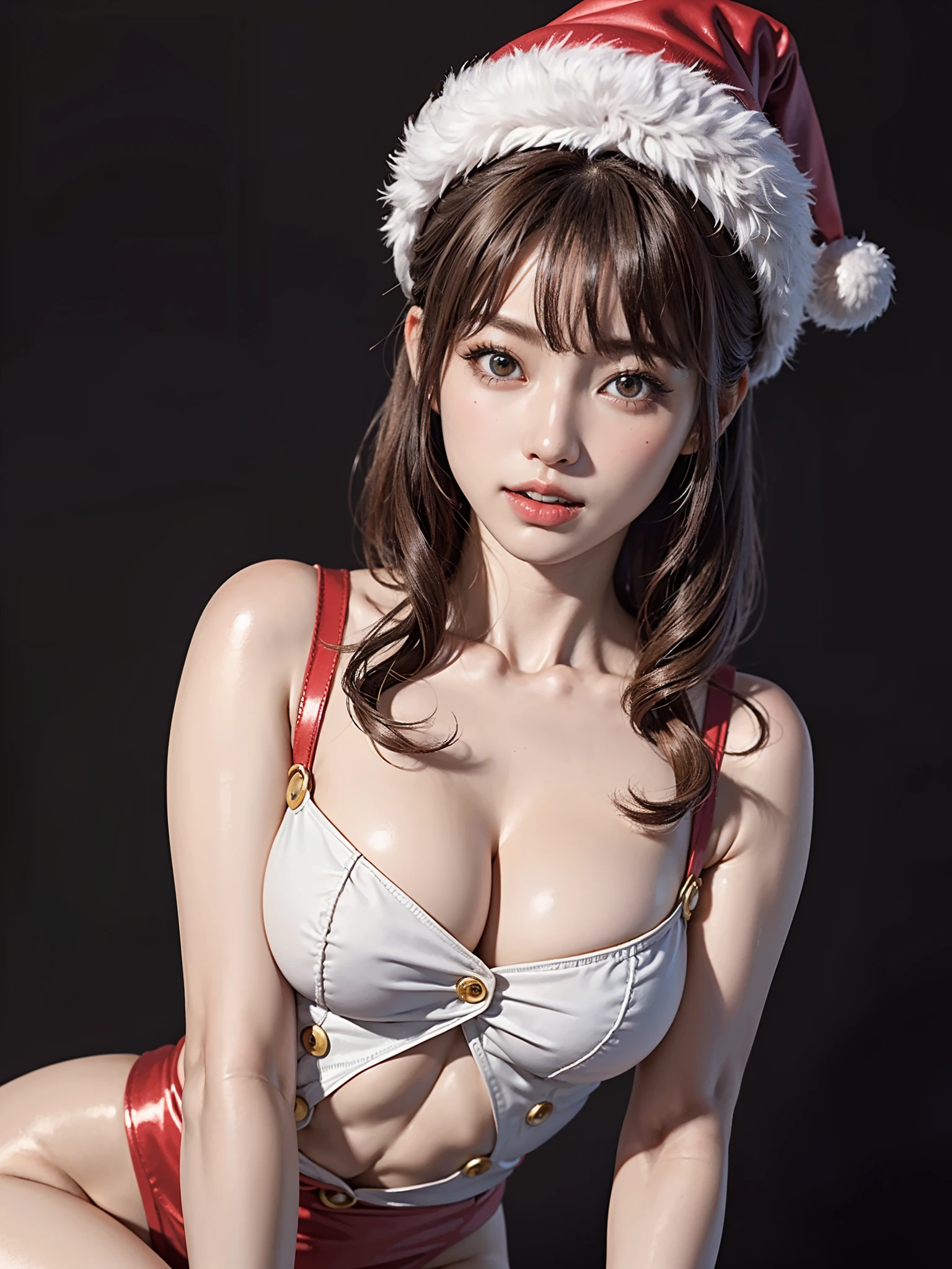 ((Masterpiece、top-quality、Top image quality、ultra-detailliert、with great detail、1 person woman、Very beautiful adult woman、slightly bigger eyes、Lashes、Double eyelids、Add intense highlights to the eyes、lipgloss、Lustrous hair、photoRealstic、28 year old beautiful woman))、(Santa Claus Costume、Santa Claus hat、Large golden buttons、Very thick shoulder straps)、(Beautiful face in symmetry、Beautiful teeth)、Beautiful woman full of adult charm、Beautiful supermodel with small face、Beautiful supermodels with broad shoulders
