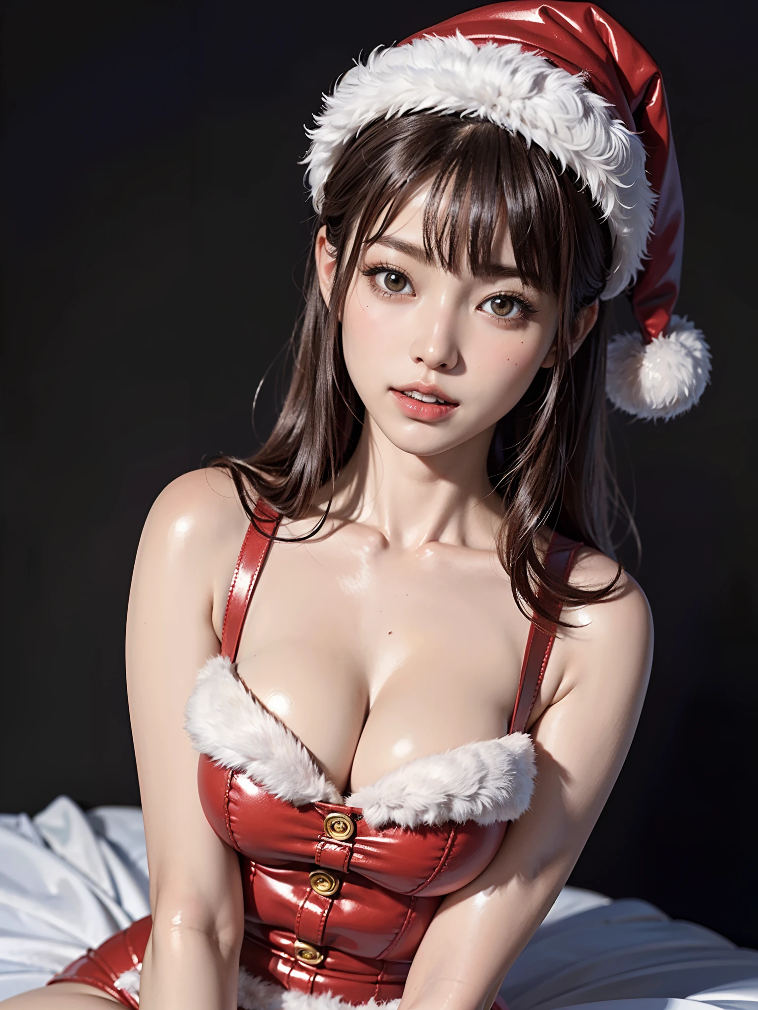 ((Masterpiece、top-quality、Top image quality、ultra-detailliert、with great detail、1 person woman、Very beautiful adult woman、slightly bigger eyes、Lashes、Double eyelids、Add intense highlights to the eyes、lipgloss、Lustrous hair、photoRealstic、28 year old beautiful woman))、(Santa Claus Costume、Santa Claus hat、Large golden buttons、Very thick shoulder straps)、(Beautiful face in symmetry、Beautiful teeth)、Beautiful woman full of adult charm、Beautiful supermodel with small face、Beautiful supermodels with broad shoulders