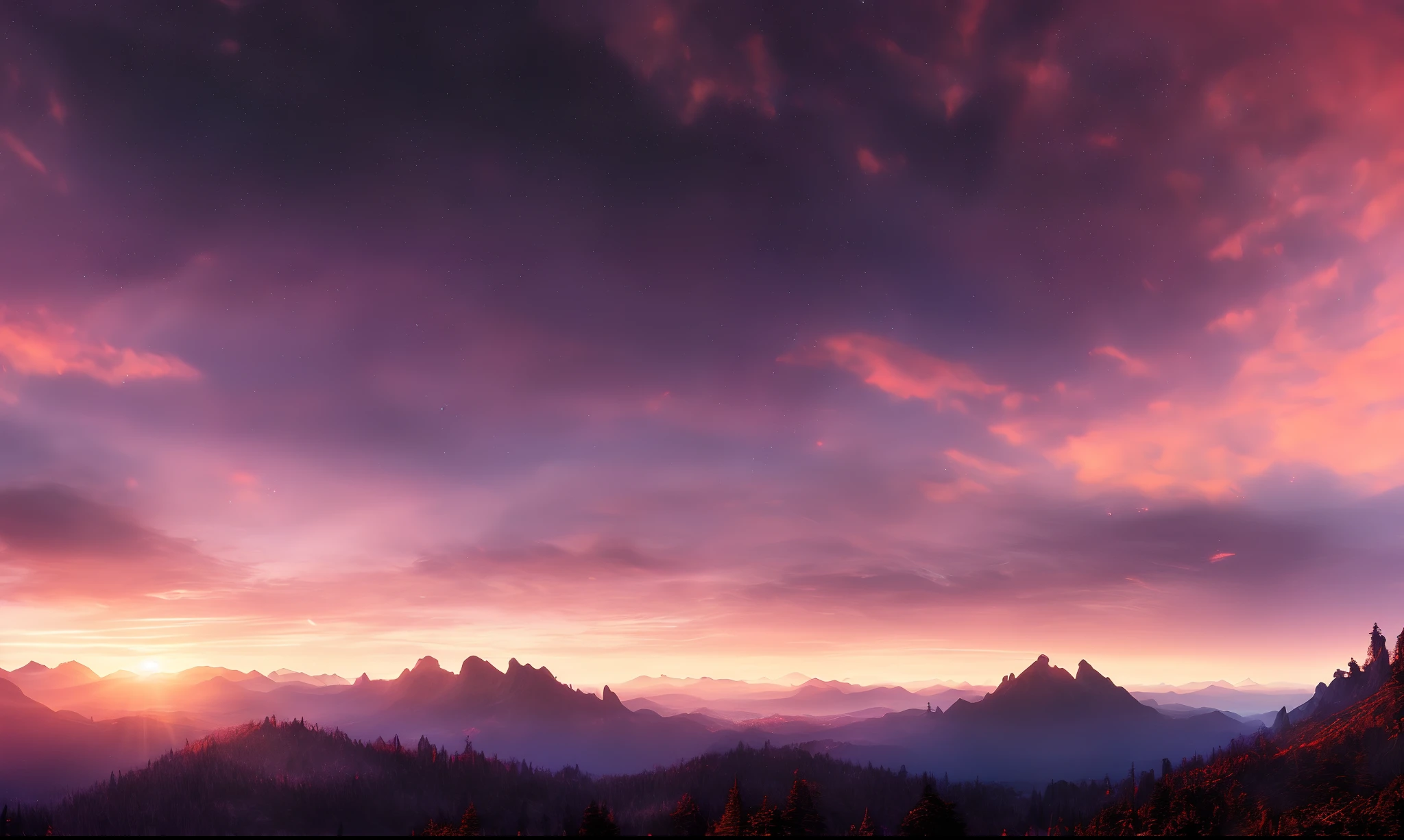 Twilight of the Gods, brilhante, dark floresta, noite, Scarlet sunset, glittering particles, scenecy, (Vast gradient skies:1.05), (montanhas:0.8)