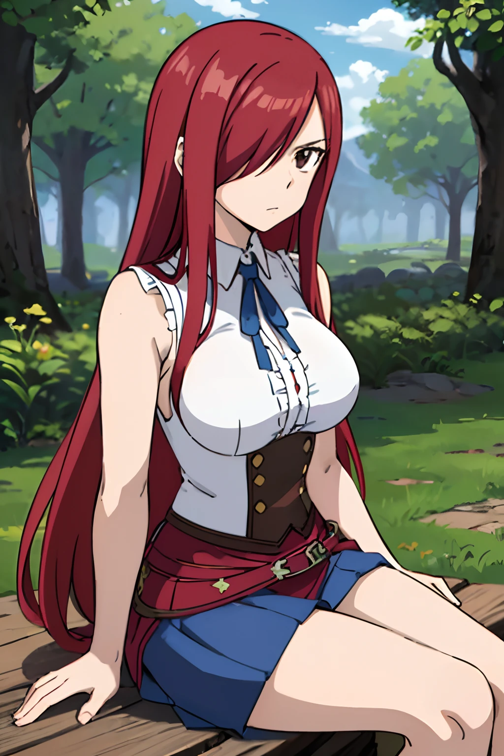 masterpiece, best quality, 1girl, solo, outdoors, cowboy shot, sitting, withLora(erza_v1,0.6), fairy tail, long hair, red hair, brown eyes, hair over one eye, large breast, neck ribbon, bare shoulders, shirt, sleeveless, center frills, skirt, ((blue skirt))