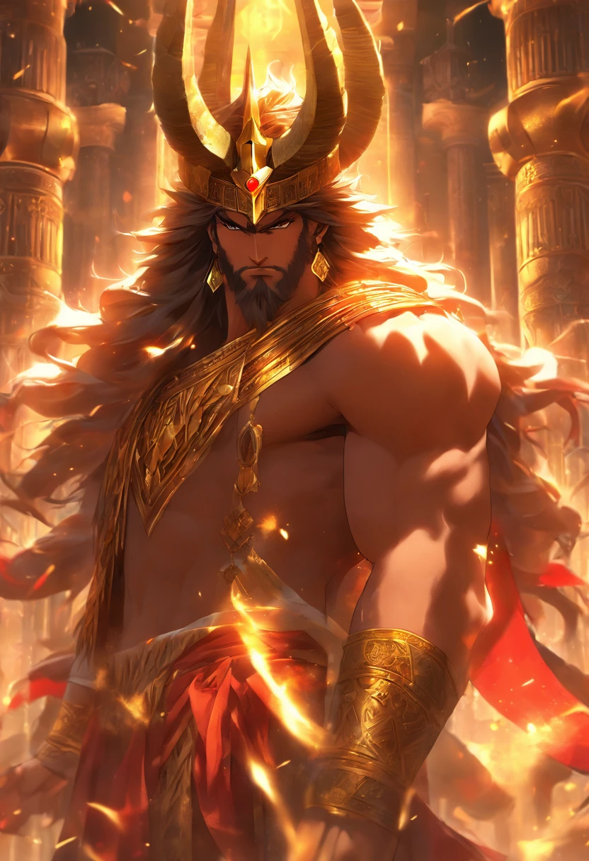 (((King of Babylon))) best quality, ultra-high resolution, 4K detailed CG, master piece, man, black hair, standing, crown with horns, four horns, Babylon, Babylonian clothing, Babylonian mythology,(( Crown with four horns))Babylonian image style, aesthetic, screen-centered, full body