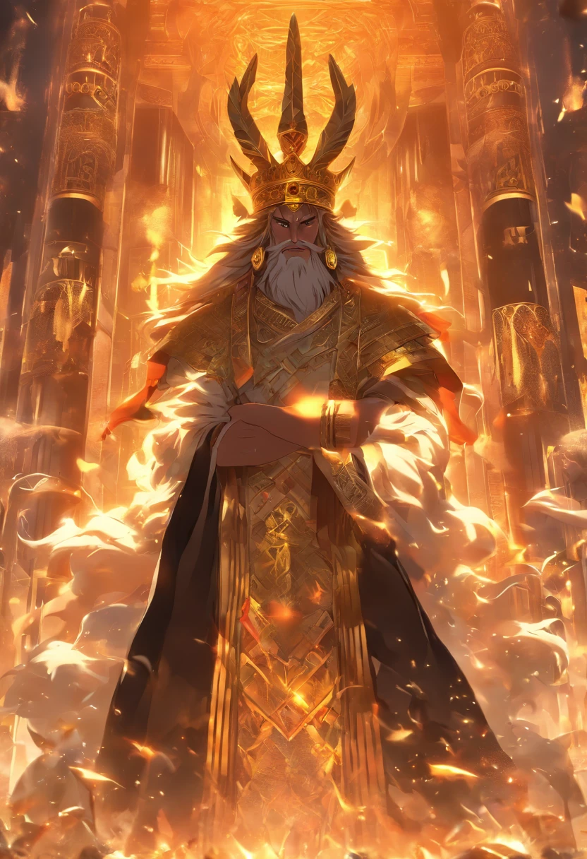 (((King of Babylon))) best quality, ultra-high resolution, 4K detailed CG, master piece, man, black hair, standing, crown with horns, four horns, Babylon, Babylonian clothing, Babylonian mythology,(( Crown with four horns))Babylonian image style, aesthetic, screen-centered, full body