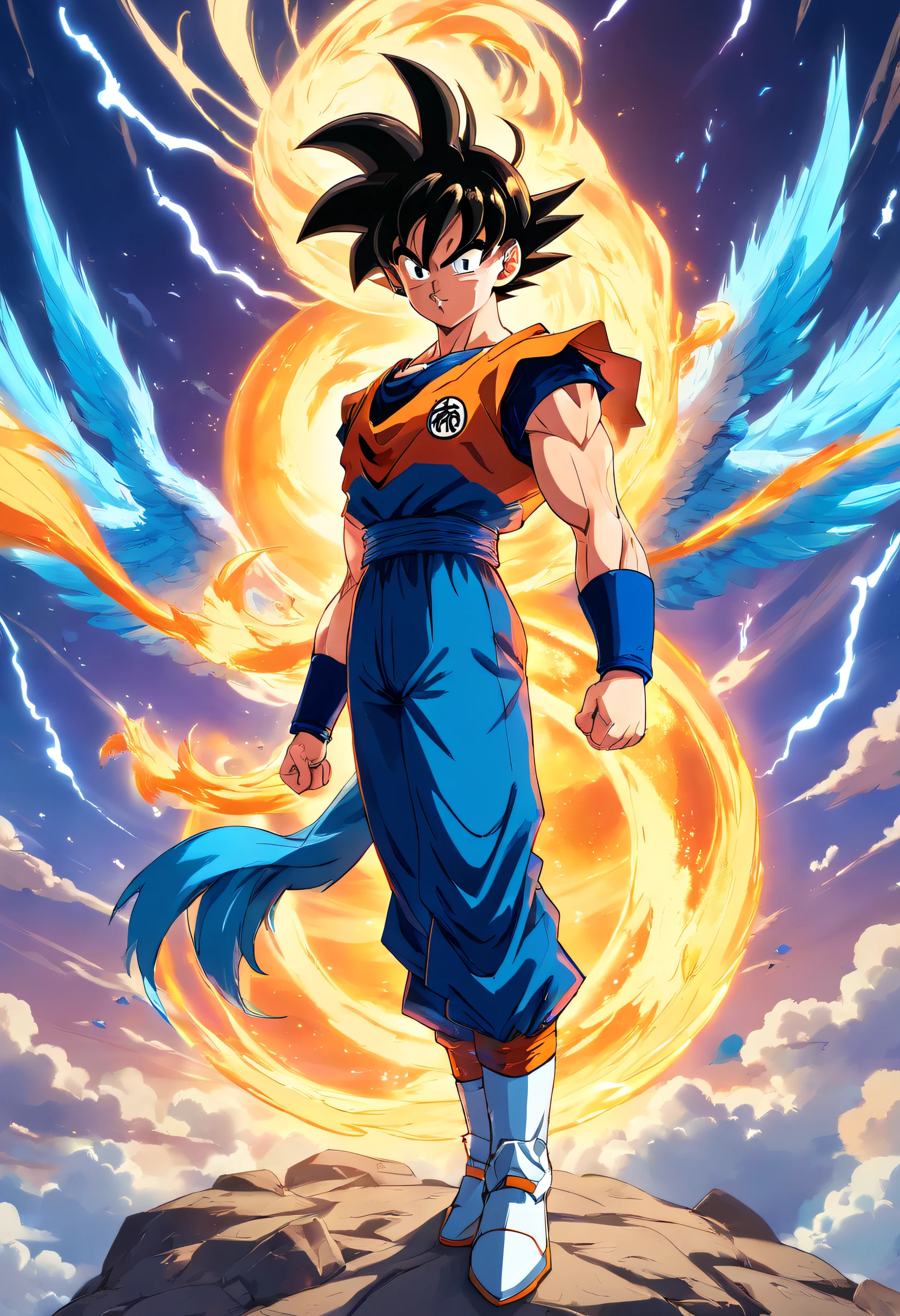 goku dragon ball character with blue pegasus armor from knight of the zodiacs