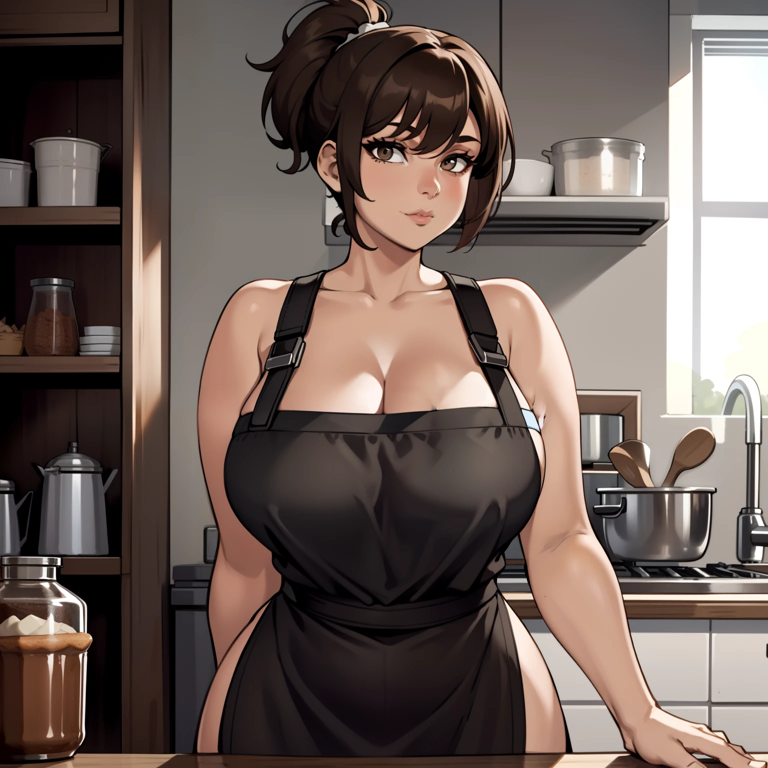 one female with short ponytail brown haircut, wearing nothing but a short low cut black apron with thin shoulder straps, thicc, alone, solo, (ALONE)(SOLO), showing cleavage, facing forward, looking at me, looking forward, showing belly, in kitchen baking sweets