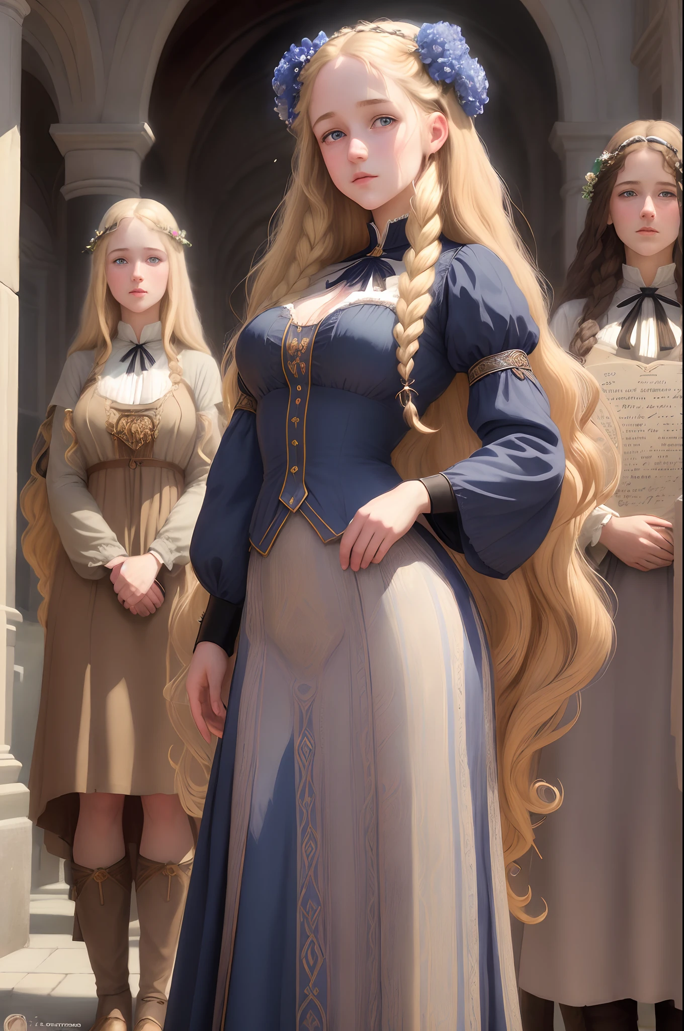 full-length masterpiece, young virginia otis long curly blonde hair, blue eyes, cute young face, spies on the worshipers of the celtic goddess freia. small breasts, (masterpiece), excellent quality, expressive eyes, perfect face, adventure, year 1887, inspiration for the covers of weird tale, in the background the worshipers of freia.