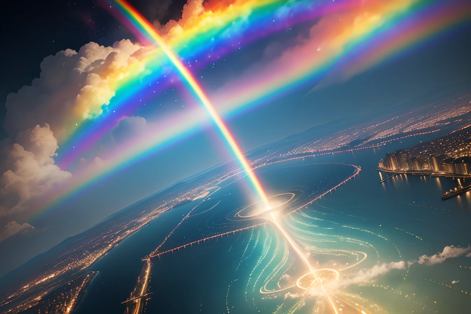 Rainbows appear over cities and rivers,There are ships, rainbow in the sky, still of rainbow ophanim, just one rainbow 8 k, Similar to double frost, bright rainbow nimbus, ethereal rainbows, Rainbow reflections, Rainbow clouds, rainbows in the background, sunny rainbow galaxy stormy sea, rainbow bg, Rainbow, raining rainbow, iridescent clouds,4K Ultra HD, 超高分辨率, (Photorealistic: 1.4), Best quality,Masterpiece,Utra dilution,(pastel colour:1.2)