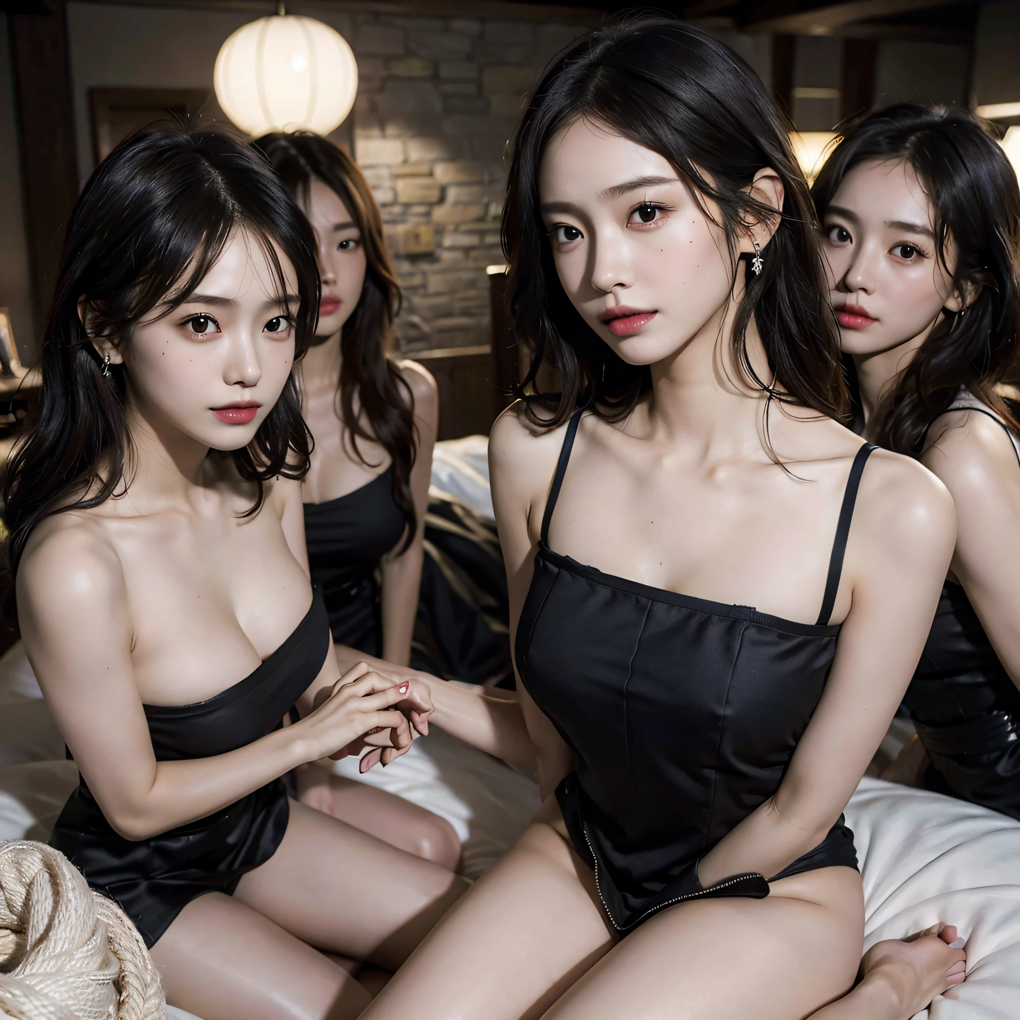 absurdres, RAW photo, extremely delicate and beautiful, masterpiece, Best Quality, ultra high resolution, 16k, hyperrealistic, ultra-detailed, Very detailed CG 8k wallpaper, Beautiful Lighting, Perfect Lightning, Realistic Shadows, perfect anatomy, super Detailed skin, perfect figure, Japanese woman, in her 10s, very Slim body, narrow waist, very small head, handsome detailed woman, very detailed eyes and face, realistic face proportions, Stunning detailed eyes, Realistic beautiful face, very small face, Realistic small beautiful eyes, double eyelids, makeup, tearful mole, mole on chest, earring, bare legs, beautiful and very thin legs, beautiful and very thin thighs, (very huge round breasts:1.3), short hair, wavy hair, sweat, (full body shot:1.3), (3 girls:1.5), (fantasy cloth:1.3),