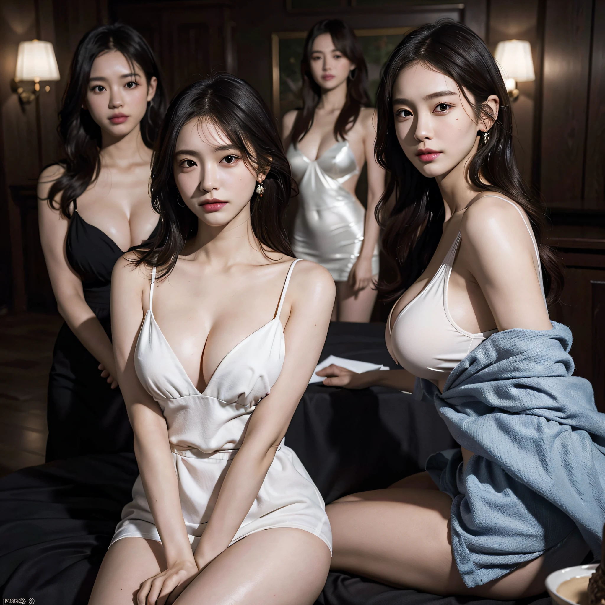 absurdres, RAW photo, extremely delicate and beautiful, masterpiece, Best Quality, ultra high resolution, 16k, hyperrealistic, ultra-detailed, Very detailed CG 8k wallpaper, Beautiful Lighting, Perfect Lightning, Realistic Shadows, perfect anatomy, super Detailed skin, perfect figure, Japanese woman, in her 10s, very Slim body, narrow waist, very small head, handsome detailed woman, very detailed eyes and face, realistic face proportions, Stunning detailed eyes, Realistic beautiful face, very small face, Realistic small beautiful eyes, double eyelids, makeup, tearful mole, mole on chest, earring, bare legs, beautiful and very thin legs, beautiful and very thin thighs, (very huge round breasts:1.3), short hair, wavy hair, sweat, (full body shot:1.3), (3 girls:1.5), (fantasy cloth:1.3),