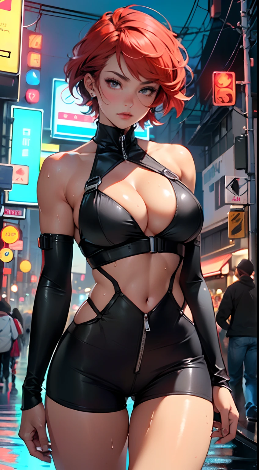 mechanical girl,(1girl: 1.3),((1 black girl with extremely cute and beautiful red hair)),((((black race)))),

(big breasts: 1.4),sagging breasts,(((short red hair: 1.35,cropped,redhead,very short hair))),((heterochromia:1.5, (orange_eye and red_eye))),intricate eyes,beautiful detailed eyes,symmetrical eyes,(fat),((((tan,dark skin,black skin:1.35,dark-skinned_female,dark skin:1.3,ebony skin,lustrous skin:1.5,bright skin: 1.5,shiny skin,very shiny skin,shiny body,illuminated skin,wet legs)))),(spider lower abdomen,narrow waist,wide hip ,athletic body,inflated legs,delicate and detailed fingers,detailed body,(detailed face)),((muscle legs)),((muscular thighs)),((muscular girl)),((strong and muscular,bodybuilder,strong body,muscular,feminine and muscular)),((ABS)),(huge stature,tall stature,very tall girl),

cute,slutty,sensual,seductive look,seductive,erotic,((nsfw)),

(fitted overalls: 1.3,suit unbuttoned),(((mechanical tools on his clothing,cyberpunk clothes))),(((huge cleavage))),((wet clothes,intricate outfit,intricate clothes)),

(dynamic pose:1.0),embarrassed,(centered,scale to fit dimensions,Rule of thirds),

cyberpunk city by the ocean at night, with bright neon signs and dark stormy clouds and puddles, scenery:1.25,

artistic photography,(photography taken by sldr),highres, sharp focus, (ultra detailed, extremely detailed), (photorealistic artwork:1.37),(extremely detailed CG unity 8k wallpaper),((synthwave background theme)),(((vibrant colors))),(intricate background),(masterpiece),(best quality),