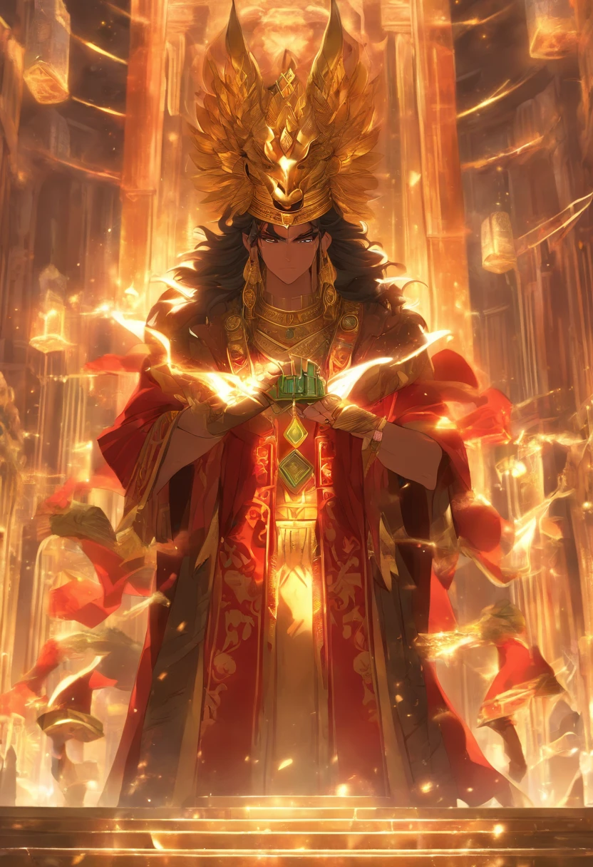 (((King of Babylon))) best quality, ultra-high resolution, 4K detailed CG, master piece, man, black hair, standing, crown with horns, four horns, Babylon, Babylonian clothing, Babylonian mythology,(( Crown with four horns)),Babylonian image style,aesthetic,screen-centered,full body
