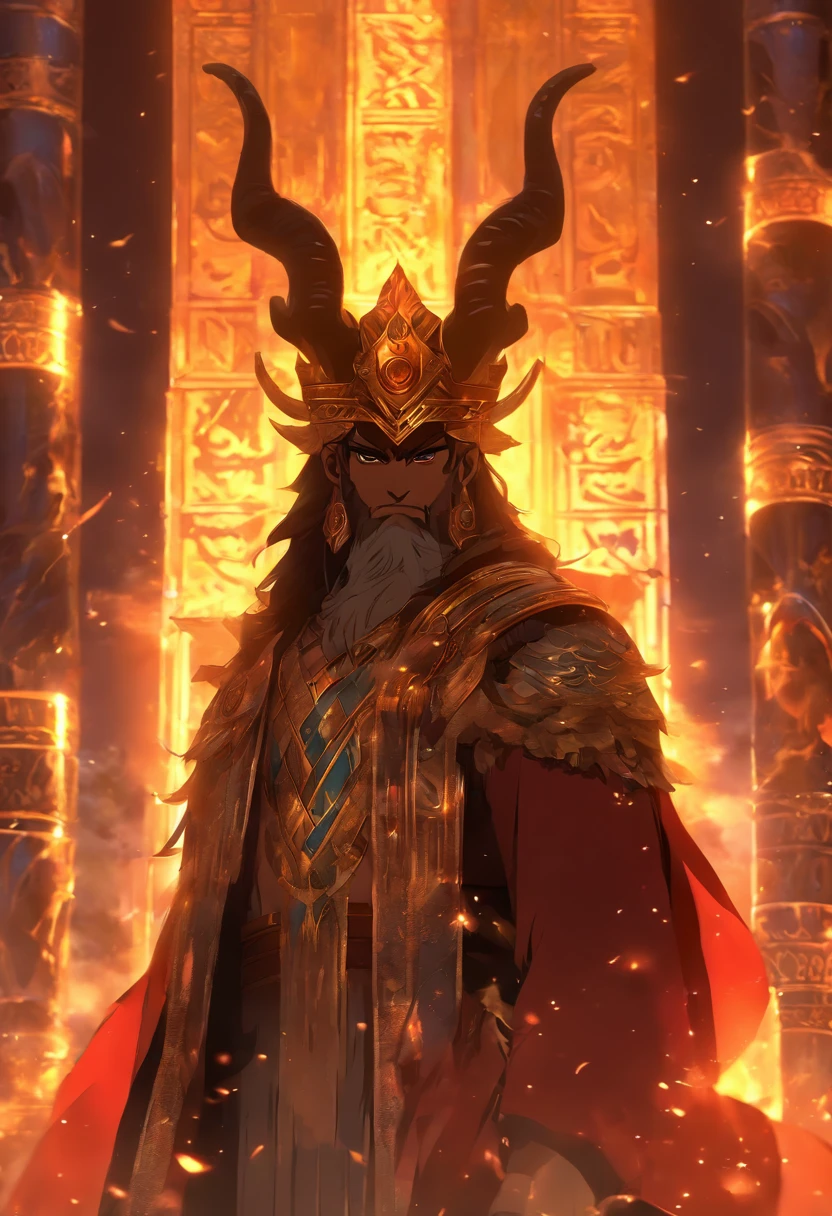 (((King of Babylon))) best quality, ultra-high resolution, 4K detailed CG, master piece, man, black hair, standing, crown with horns, four horns, Babylon, Babylonian clothing, Babylonian mythology,(( Crown with four horns)),Babylonian image style,aesthetic,screen-centered,full body