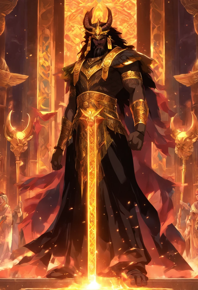 (((King of Babylon))) best quality, ultra-high resolution, 4K detailed CG, master piece, man, black hair, standing, crown with horns, four horns, Babylon, Babylonian clothing, Babylonian mythology,(( Crown with four horns)),Babylonian image style,aesthetic,screen-centered,full body