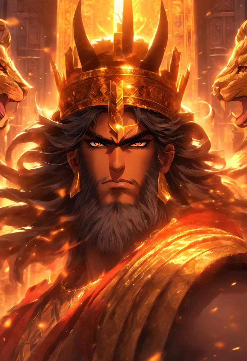 (((King of Babylon))) best quality, ultra-high resolution, 4K detailed CG, master piece, man,black hair, crown with horns,four horns, Babylon, Babylonian clothing, Babylonian mythology,((Crown with four horns)),Babylonian image style, aesthetic, screen-centered