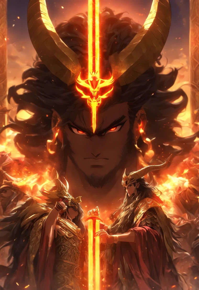 (((King of Babylon))) best quality, ultra-high resolution, 4K detailed CG, master piece, man,black hair, crown with horns,four horns, Babylon, Babylonian clothing, Babylonian mythology,((Crown with four horns)),Babylonian image style, aesthetic, screen-centered
