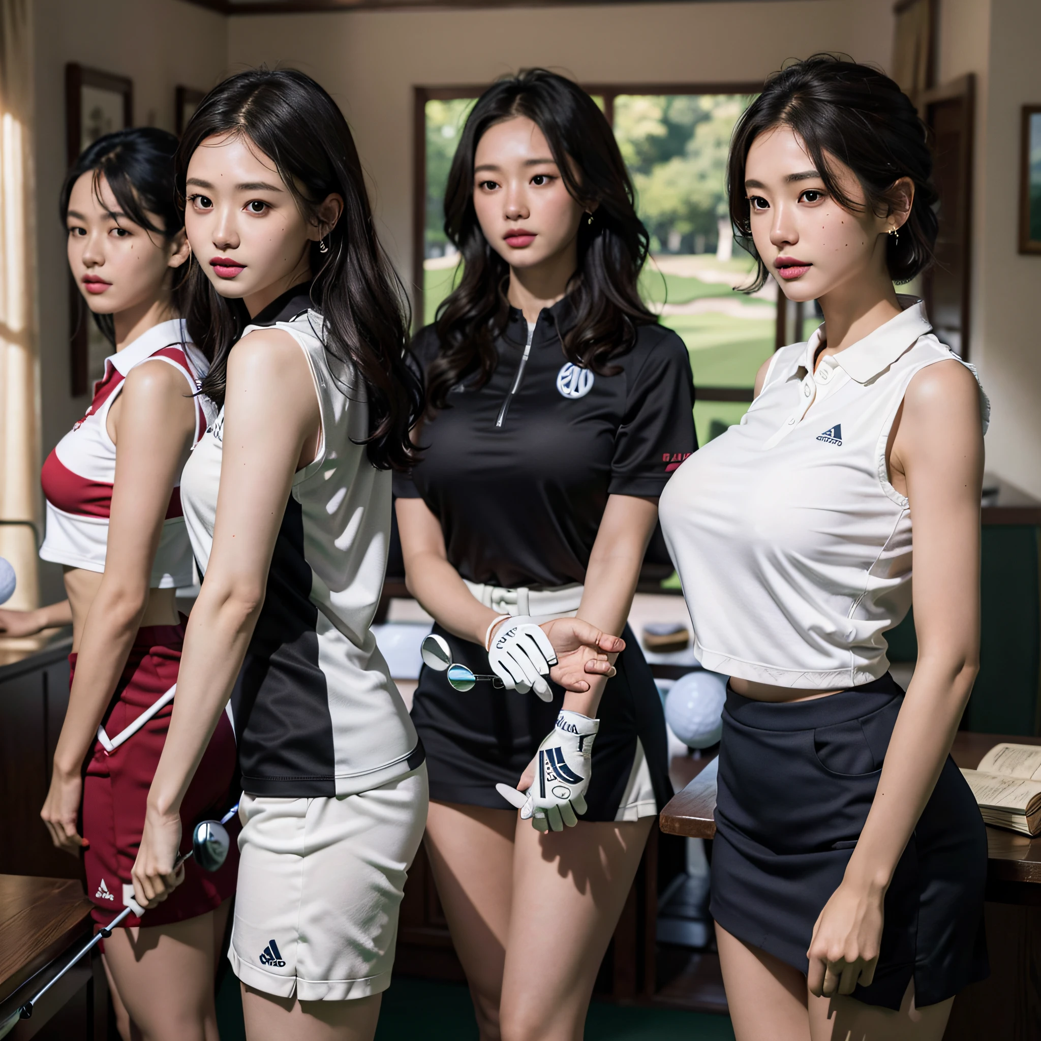 absurdres, RAW photo, extremely delicate and beautiful, masterpiece, Best Quality, ultra high resolution, 16k, hyperrealistic, ultra-detailed, Very detailed CG 8k wallpaper, Beautiful Lighting, Perfect Lightning, Realistic Shadows, perfect anatomy, super Detailed skin, perfect figure, Japanese woman, in her 10s, very Slim body, narrow waist, very small head, handsome detailed woman, very detailed eyes and face, realistic face proportions, Stunning detailed eyes, Realistic beautiful face, very small face, Realistic small beautiful eyes, double eyelids, makeup, tearful mole, mole on chest, earring, bare legs, beautiful and very thin legs, beautiful and very thin thighs, (very huge round breasts:1.3), short hair, wavy hair, sweat, full body shot, (3 girls:1.5), (golf wear:1.5),