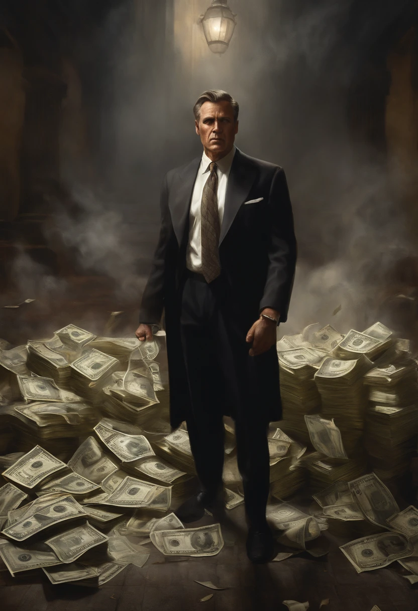 a man fighting against money, oil painting, harsh brushstrokes, dramatic lighting, intense expression, determined eyes, clenched fists, sweat dripping down his face, wrinkled suit, broken chains, crumbling dollar bills, crumbling stock market graph, smoke rising in the background, black and white with a touch of gold, realism. (best quality, highres, ultra-detailed), (realistic:1.37), professional, vivid colors.