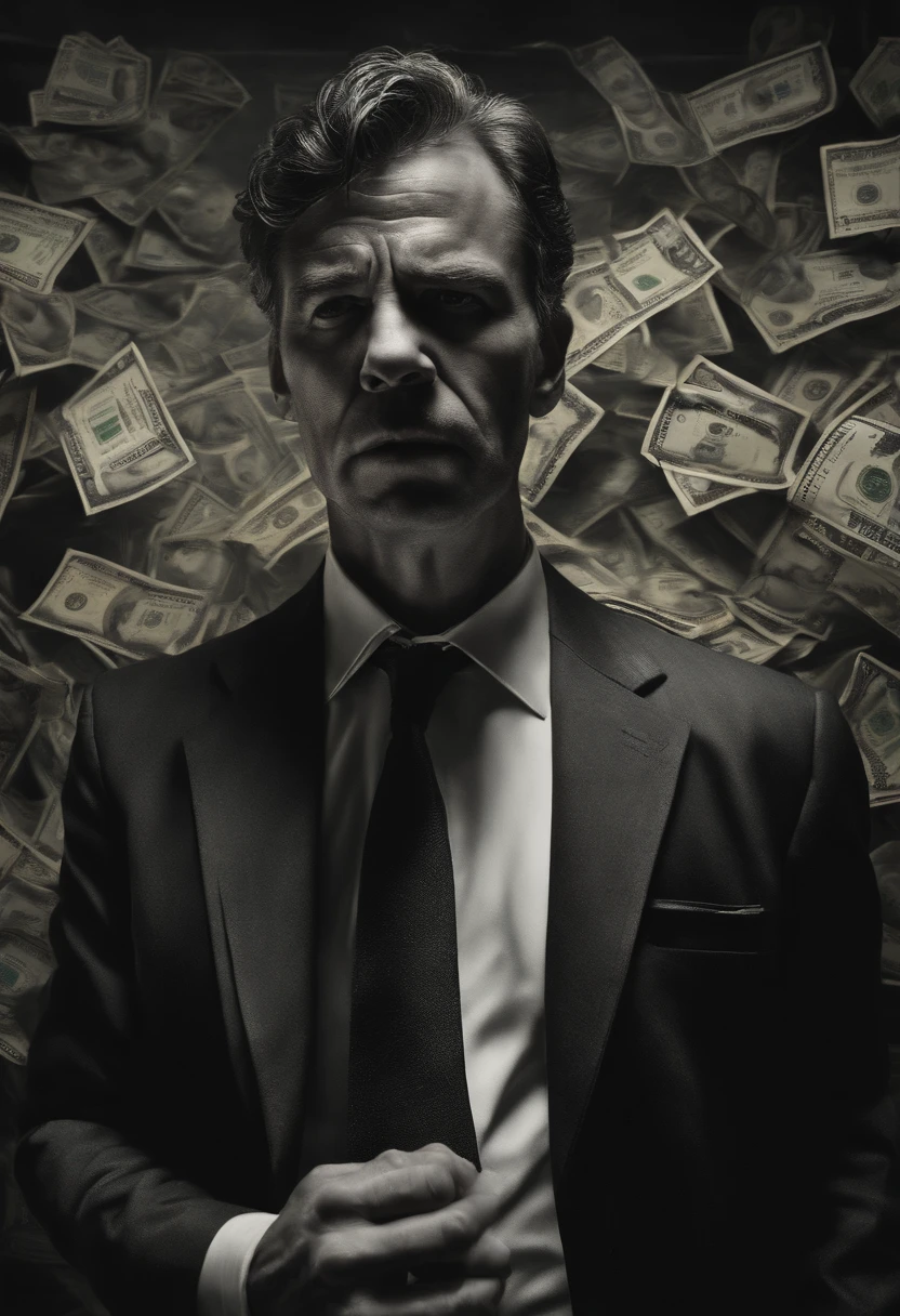 a man fighting against money, oil painting, harsh brushstrokes, dramatic lighting, intense expression, determined eyes, clenched fists, sweat dripping down his face, wrinkled suit, broken chains, crumbling dollar bills, crumbling stock market graph, smoke rising in the background, black and white with a touch of gold, realism. (best quality, highres, ultra-detailed), (realistic:1.37), professional, vivid colors.