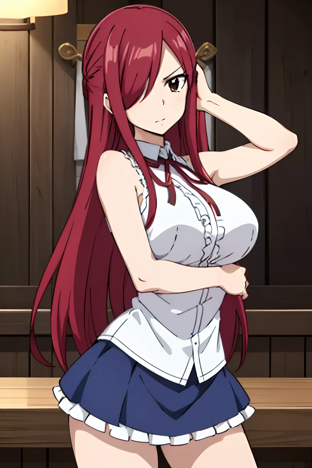 (masterpiece:1.2), (best quality:1.2), 1girl, 
fairy tail, 1girl, long hair, red hair, brown eyes, large breast, neck ribbon, bare shoulders, white shirt, sleeveless, center frills, blue skirt, hair over one eye
sexy stance, in the bar,