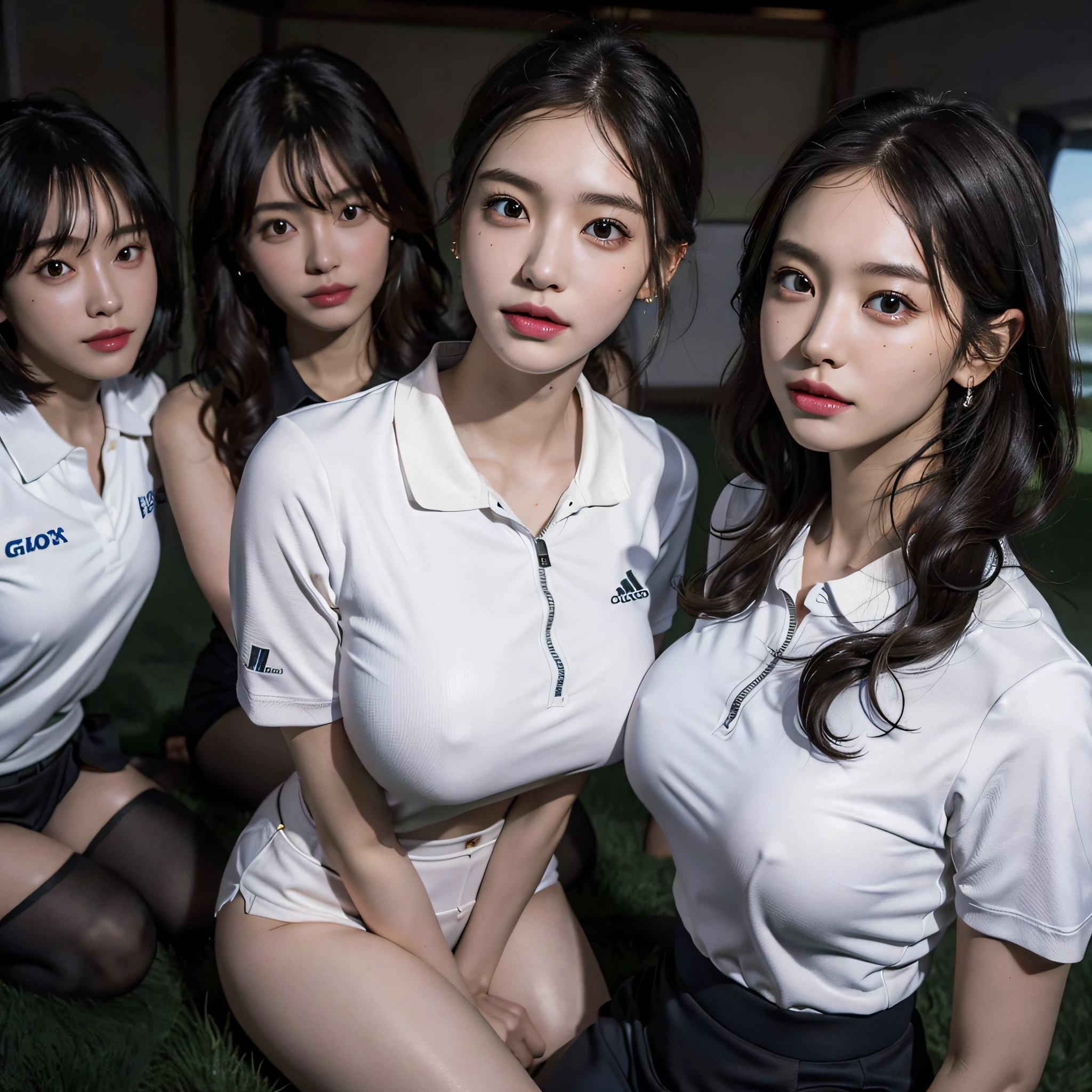 absurdres, RAW photo, extremely delicate and beautiful, masterpiece, Best Quality, ultra high resolution, 16k, hyperrealistic, ultra-detailed, Very detailed CG 8k wallpaper, Beautiful Lighting, Perfect Lightning, Realistic Shadows, perfect anatomy, super Detailed skin, perfect figure, Japanese woman, in her 10s, very Slim body, narrow waist, very small head, handsome detailed woman, very detailed eyes and face, realistic face proportions, Stunning detailed eyes, Realistic beautiful face, very small face, Realistic small beautiful eyes, double eyelids, makeup, tearful mole, mole on chest, earring, bare legs, beautiful and very thin legs, beautiful and very thin thighs, (very huge round breasts:1.3), short hair, wavy hair, sweat, full body shot, (3 girls:1.5), (golf wear:1.5),