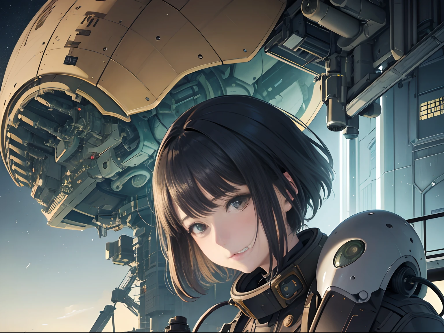 Katsuhiro Otomo, Kate Greenaway, Margaret Tarrant, Japanese Anime, Mysterious Bizarre Fantastic Surreal Sci-fi Fantasy Proliferating Machines Machine Life Network Future City Tokyo Girl on a motorcycle, super fine lines, detailed face, detailed hands, hyper detailed high resolution high definition high quality masterpiece, girl turning head slightly to look at viewer directly