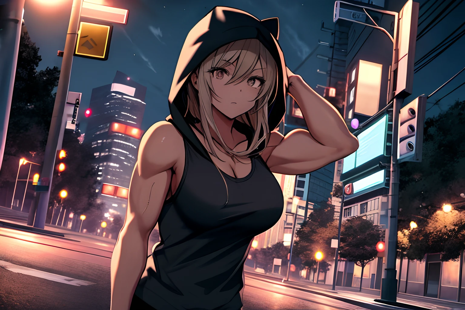 Masterpiece, night, ((dark night)), girl, running, exercising, defined arms, muscular arms, medium boobs, hooded tank top, ((intersection of streets)),