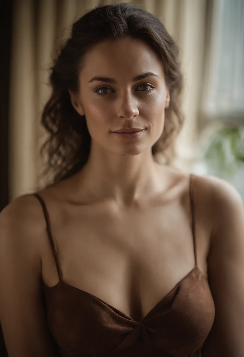 Masterpiece, high quality, best quality, photorealistic, arafed woman, sexy girl with green eyes, brown hair and large eyes, full body shot of a young woman, masculine face, teaching room yes, without makeup, happy smiling, natural makeup, looking directly at the camera, face with artgram, subtle makeup, piercing green eyes, beautiful angle, brunette goddess, high detail, realistic, no clothing, nsfw, small breasts, topless, nipple visible