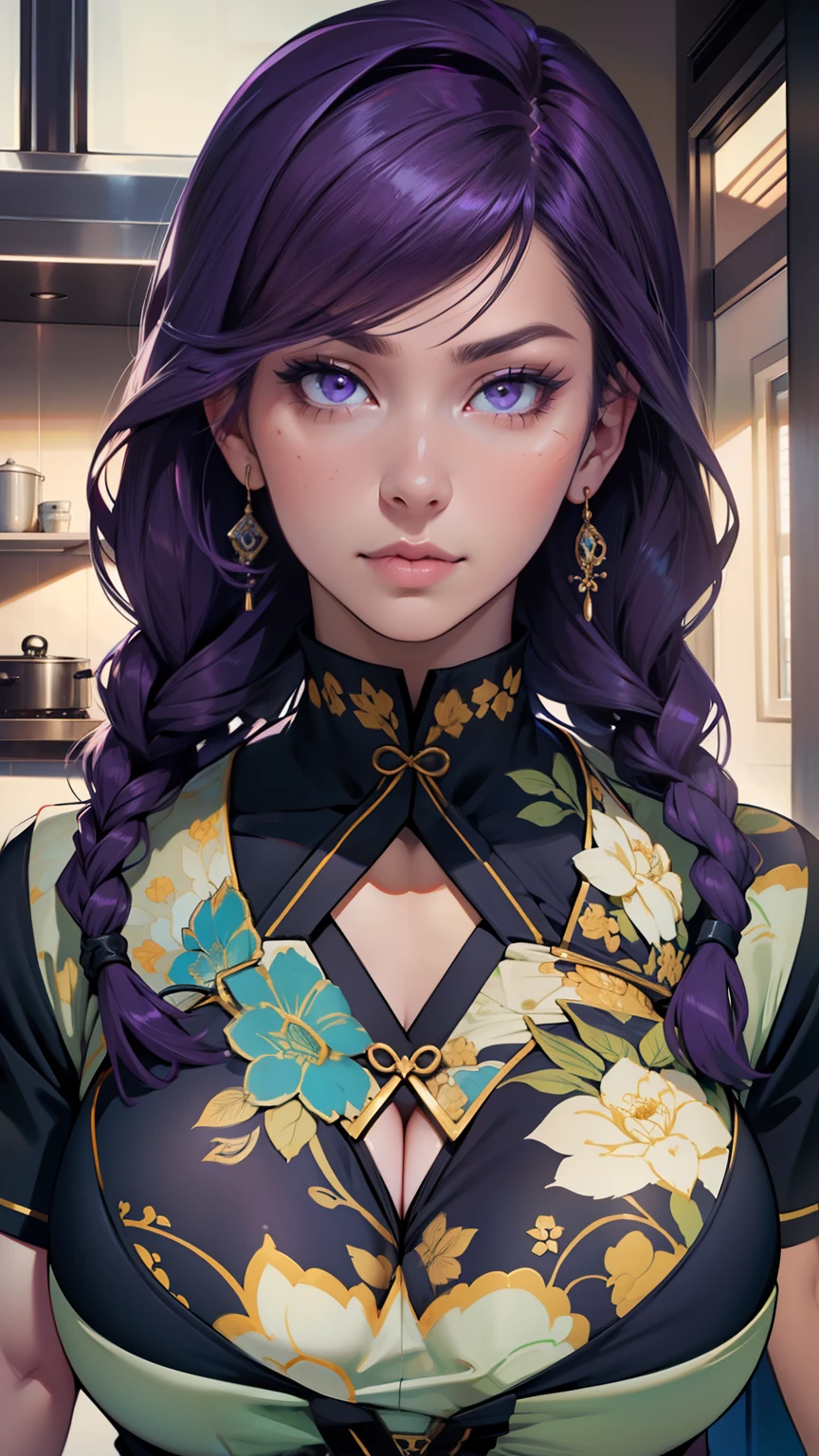 mother, milf, mature female, housewife, kitchen, busty, huge boobs, huge breasts, purple hair, long braids hentai, high detail, close up, symmetrical, high quality, absurdres, high res, ultrasharp, 8K, masterpiece, extreme attention to detail, perfect face,Realistic, (masterpiece, top quality, best quality, official art,) very detailed, most detailed, (1woman:1.3), nsfw