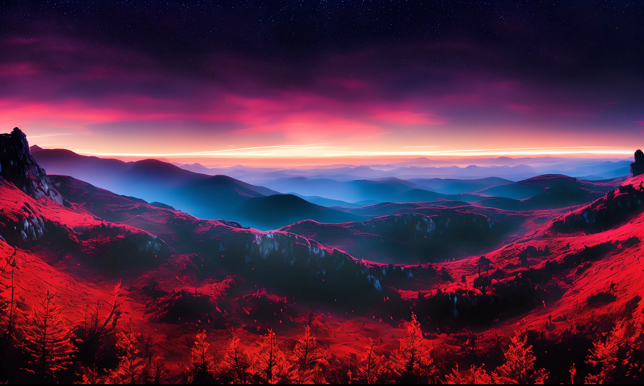 Twilight of the Gods, brilhante, dark floresta, noite, Scarlet sunset, glittering particles, scenecy, (Vast gradient skies:1.05), (montanhas:0.8)