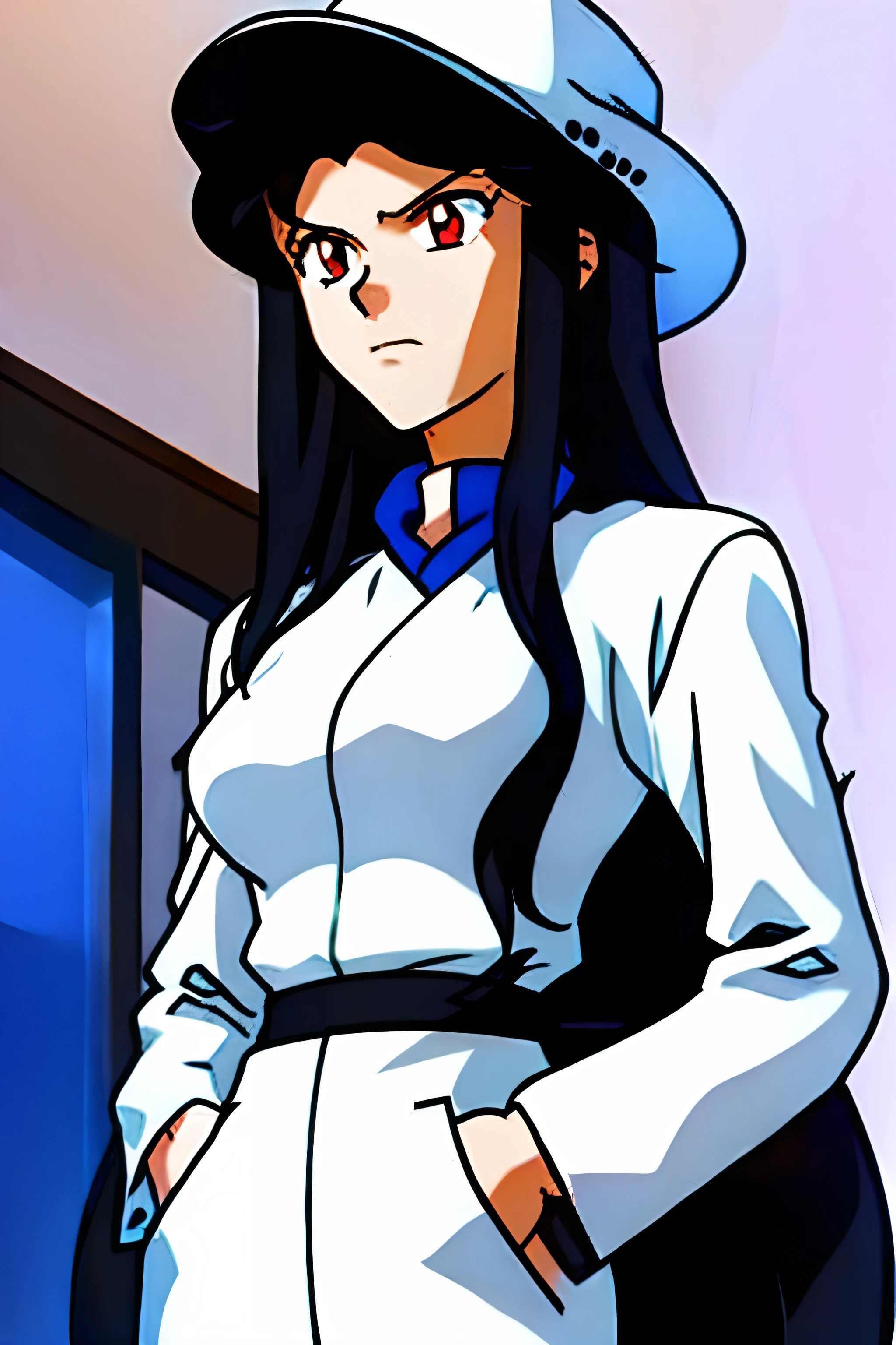 long hair, wavy hair, black hair, white top hat, white suit, narrow eyes, neutral expression, frown, solo female. hands in pockets, medium breasts, best quality, masterpiece, 8k, red eyes