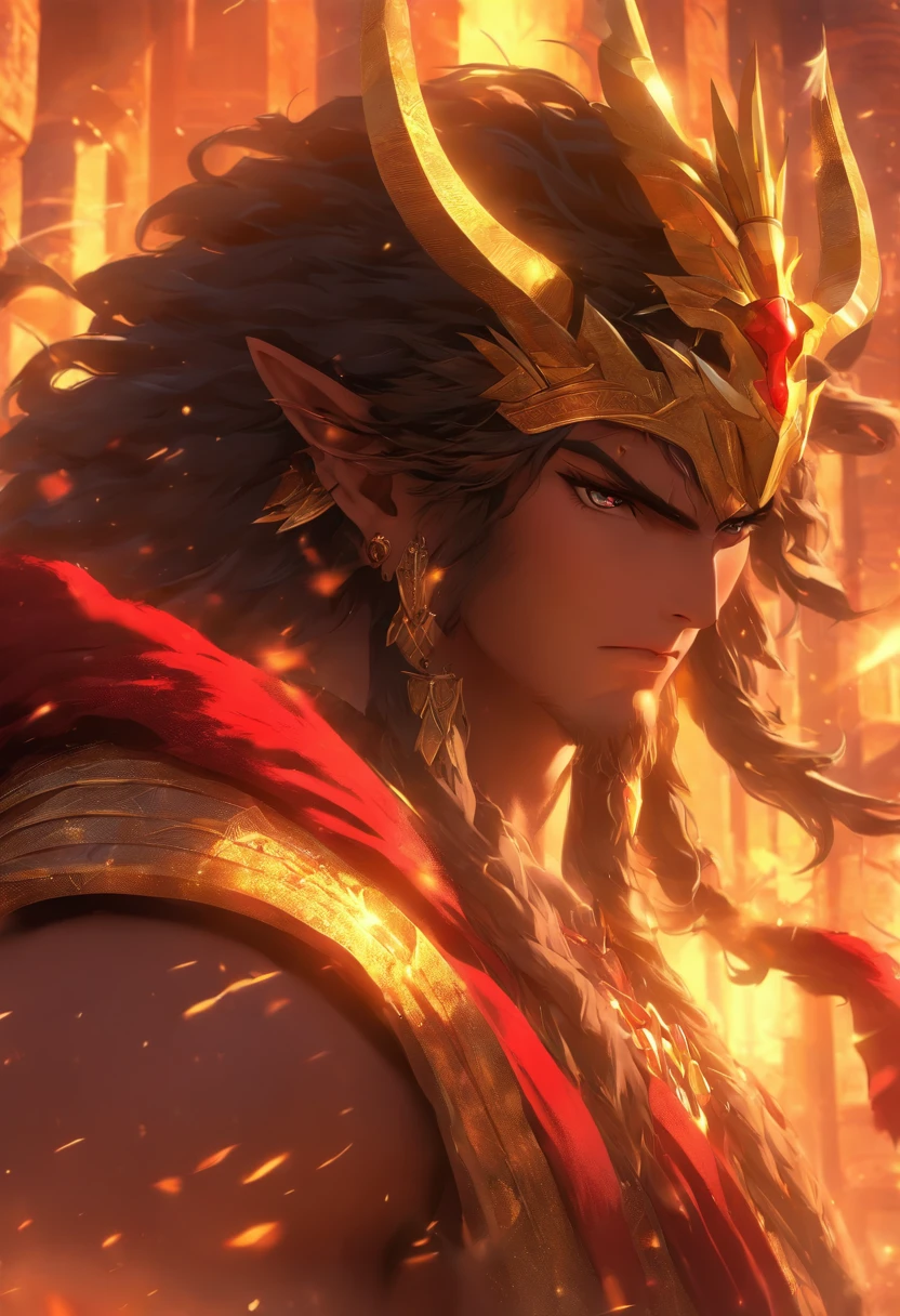 (((King of Babylon))) best quality, ultra-high resolution, 4K detailed CG, master piece, man,black hair, crown with curved horns,four horns, Babylon, Babylonian clothing, Babylonian mythology,((Crown with curved horns)),Babylonian image style, aesthetic, screen-centered