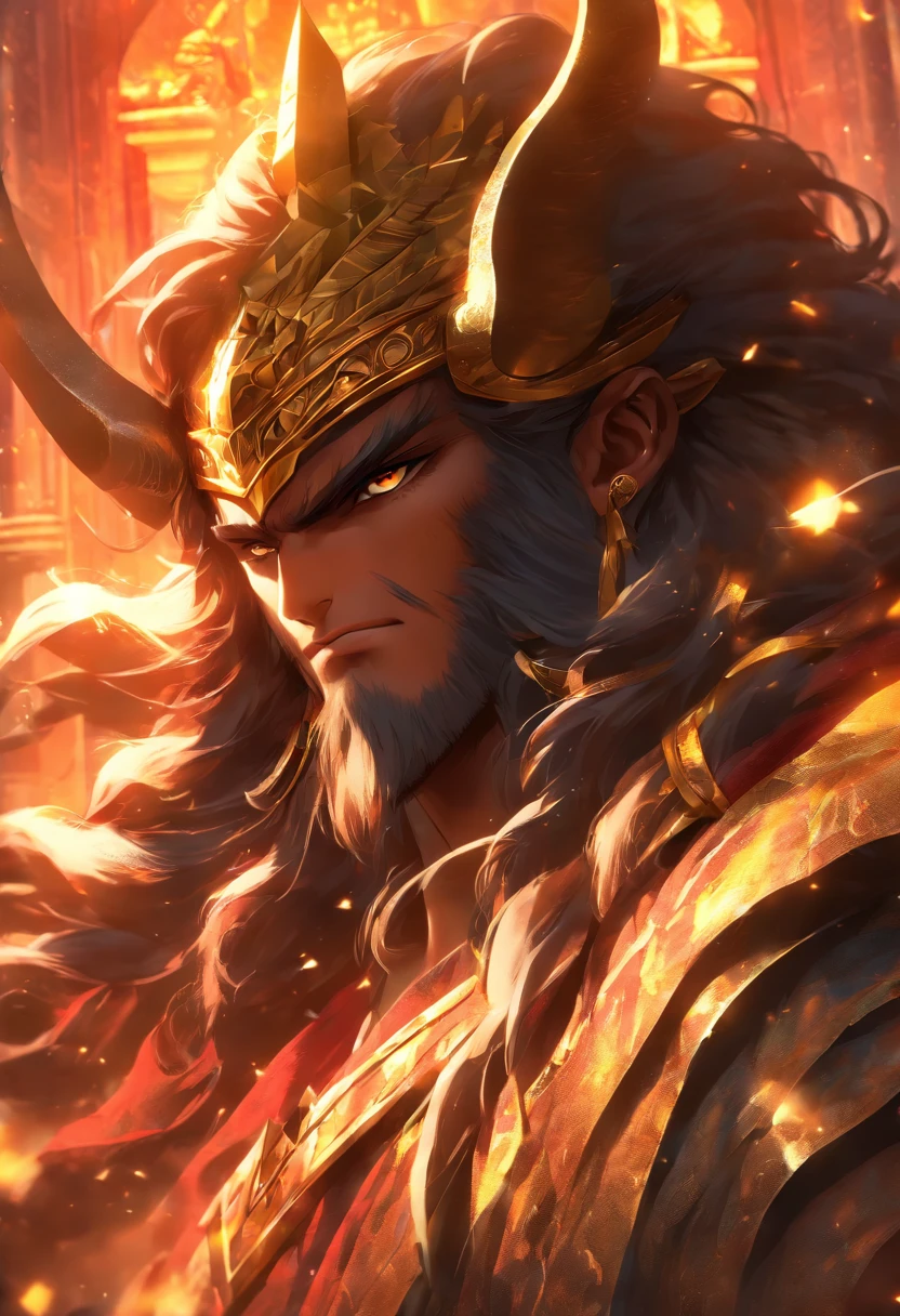 (((King of Babylon))) best quality, ultra-high resolution, 4K detailed CG, master piece, man,black hair, crown with curved horns,four horns, Babylon, Babylonian clothing, Babylonian mythology,((Crown with curved horns)),Babylonian image style, aesthetic, screen-centered