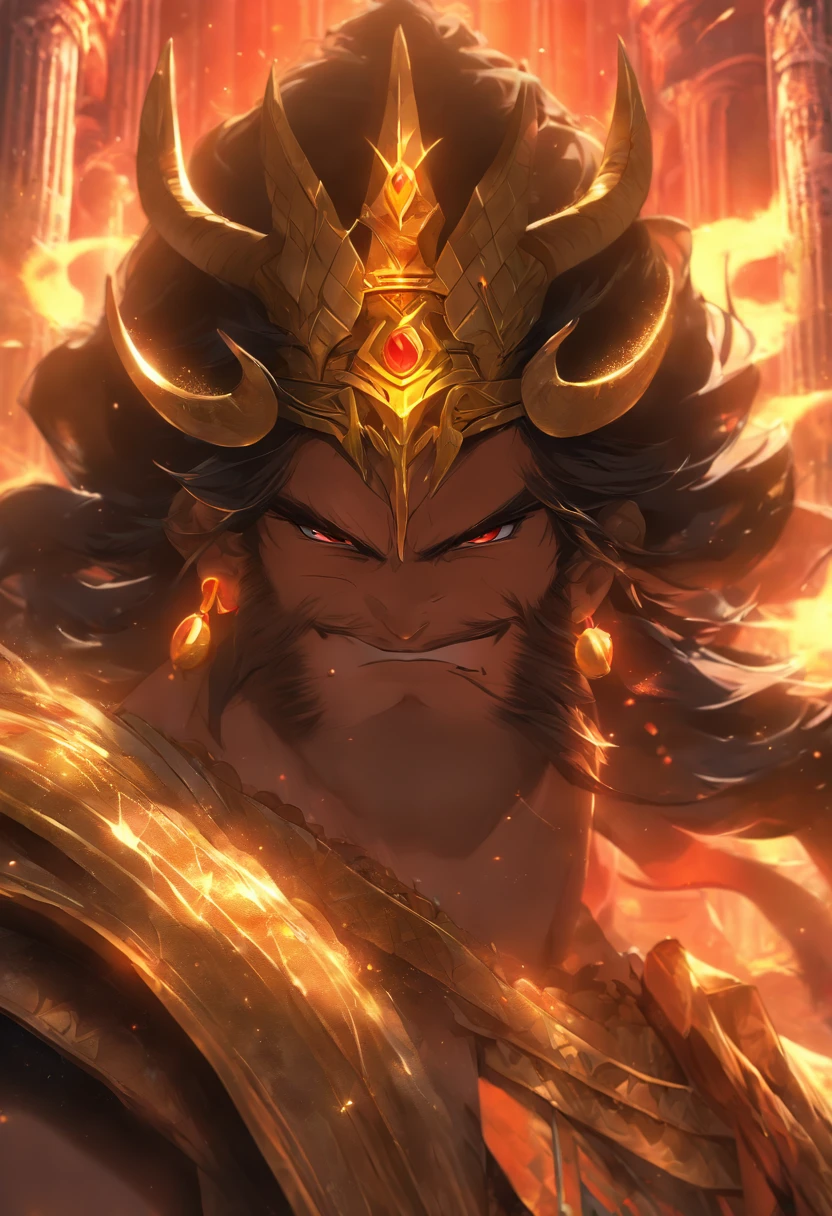 (((King of Babylon))) best quality, ultra-high resolution, 4K detailed CG, master piece, man,black hair, crown with curved horns,four horns, Babylon, Babylonian clothing, Babylonian mythology,((Crown with curved horns)),Babylonian image style, aesthetic, screen-centered