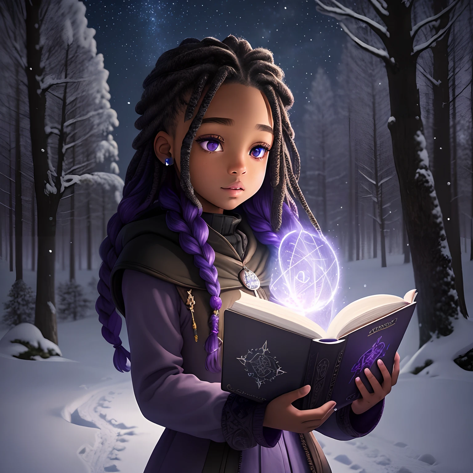 game cover, star sky in the woods, night time, in winter, different coloured eyes glowing in the trees, young teen, black girl with purple braids facing away from camera, mansion lodge in the distance, magic aura around her, magic book of spells in one hand, snow falling