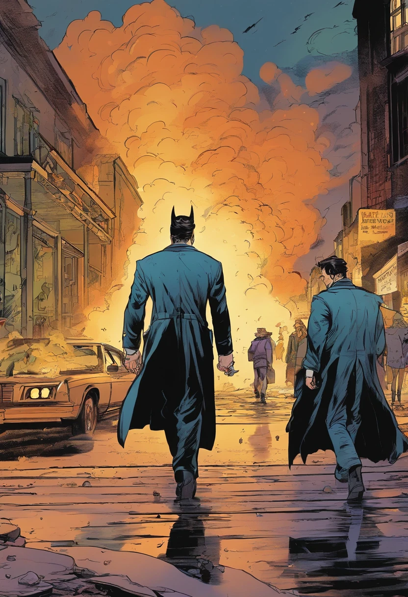 Gotham is on fire. Ruined building in the background with smoke rising. Torrential rain falling, illuminating the characters only by the intermittent flashes of lightning.
