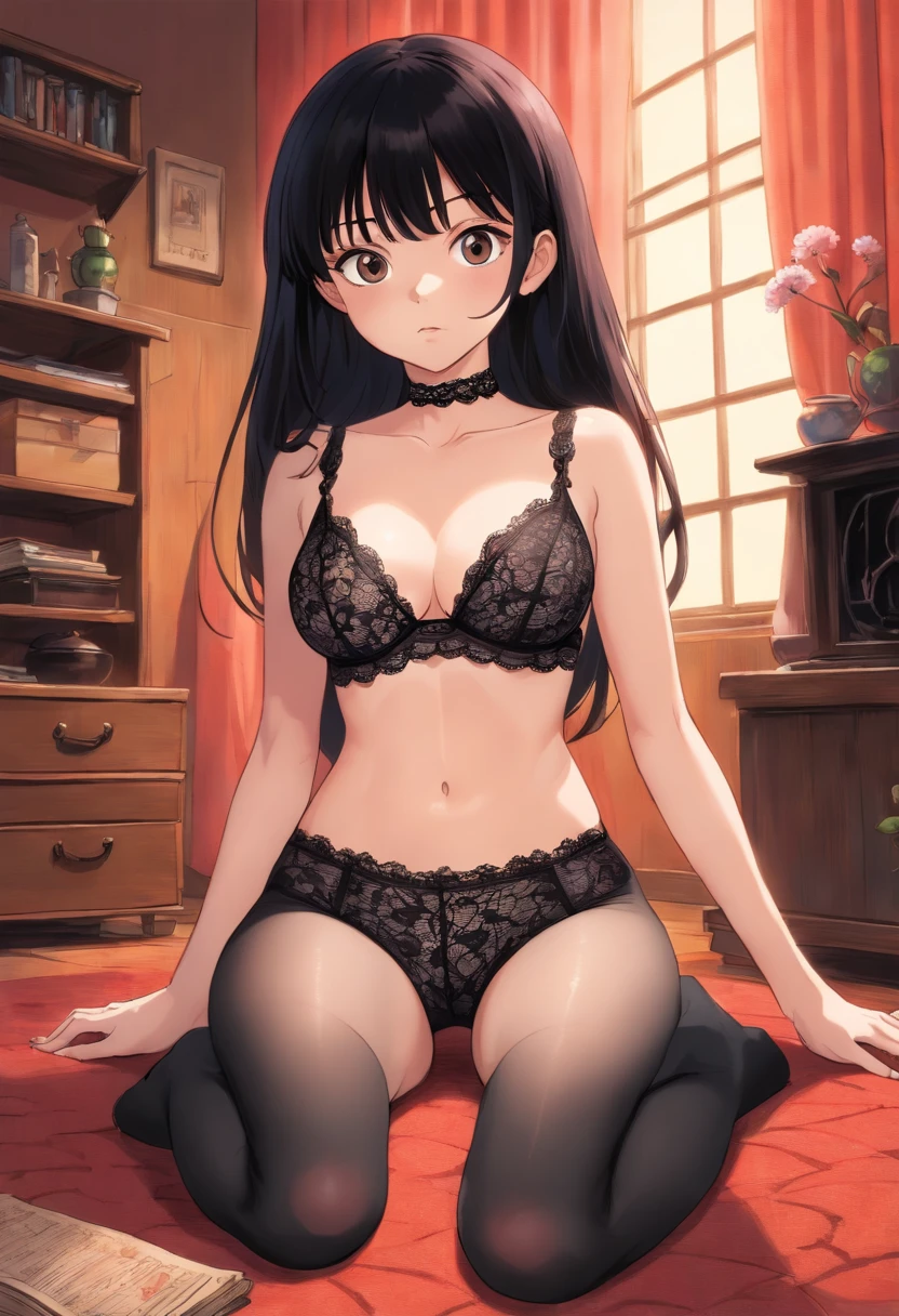 Tomie Junjiito wearing black lace bra looks scary, Sit with your legs open., Thin pants.
