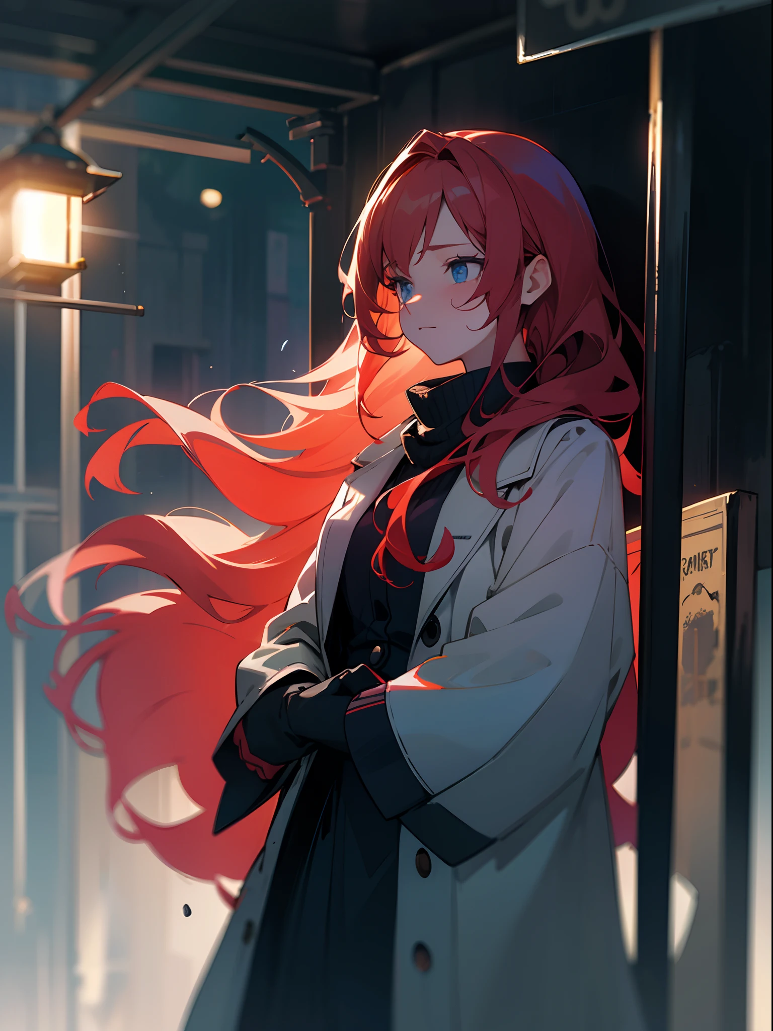 Night time , at a bus stop , spooky lighting ,  lit only by street light , spooky glow , moody scene , reflections, wearing Fall clothing , (masterpiece, best quality )detailed, 1Character , blue archive art style ,  pastel washed out colors , cell shade , soft, muted shades ,gentle colors , A beautiful mature woman , red hair ,  long hair , wavy hair , blue eyes  eyes ,  age 40,
