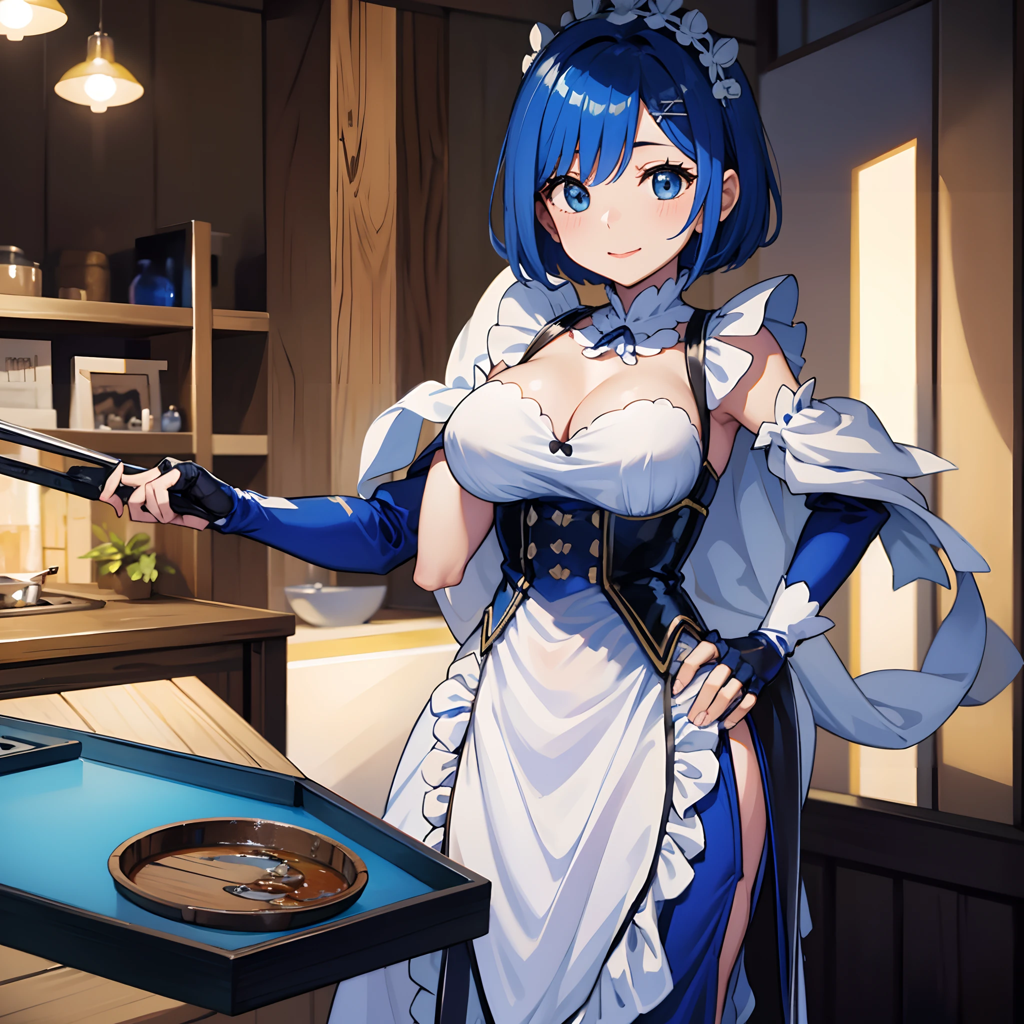 1mujer, sexy, cocinando, traje de conejita pelo corto color azul cielo