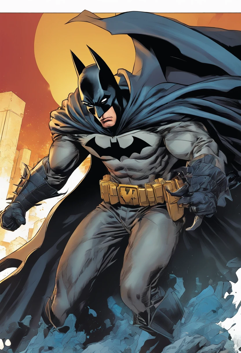 Batman, in a crouched combat pose, vigilante cane wielded in attack. Black cape ruffled by the wind revealing sharp metallic shoulder pads. Serious and concentrated look under the hood.
