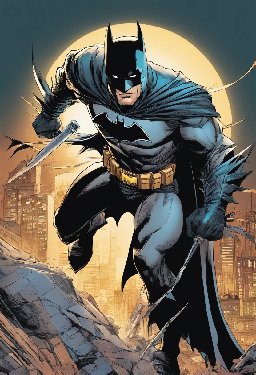 Batman, in a crouched combat pose, vigilante cane wielded in attack. Black cape ruffled by the wind revealing sharp metallic shoulder pads. Serious and concentrated look under the hood.