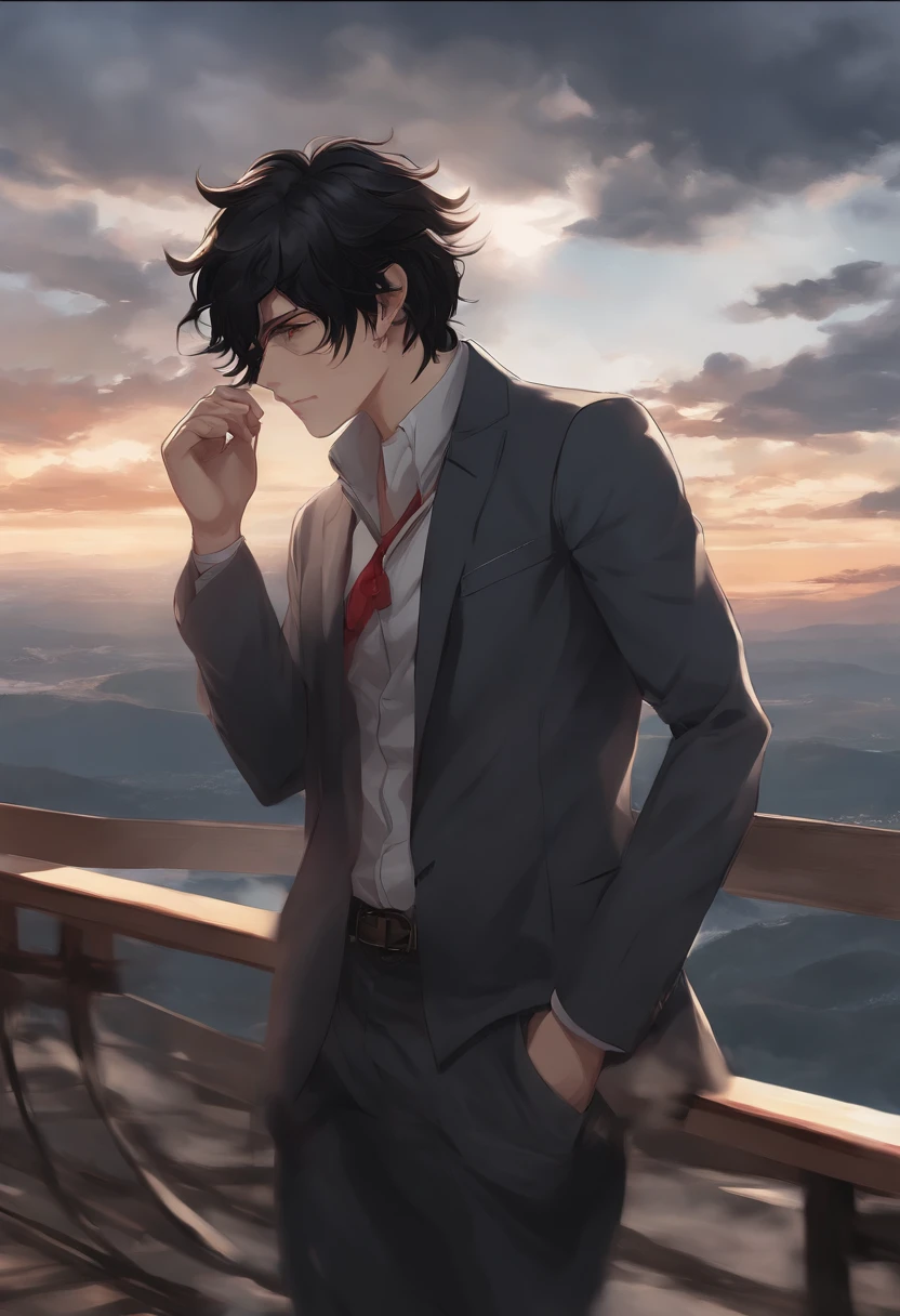 Anime character with black hair and brown eyes in front of a cloudy sky, anime, badass anime 8 k, arte chave do anime, digital advanced anime art ", menacing stare, Digital anime illustration, Persona 5 Estilo Arte wlop, Arte Oficial, Gatilho Estilo de Arte de Anime, inspirado em Okumura Masanobu, estilo anime. 8k, add a beard