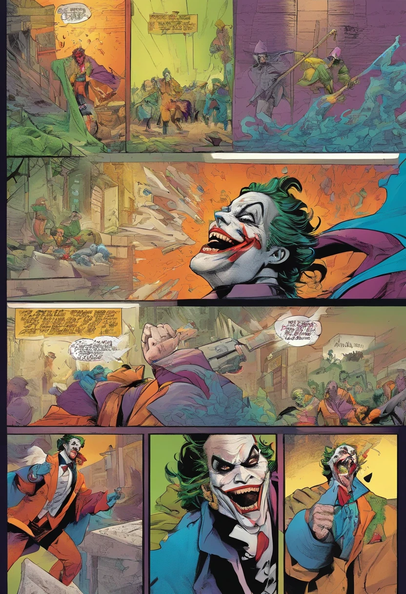 Joker a few meters ahead, made-up face disfigured in psychotic laughter. Frown with tongue out. Shabby and torn colorful costumes. One hand holds a curved knife, the other stretched forward in defiance.