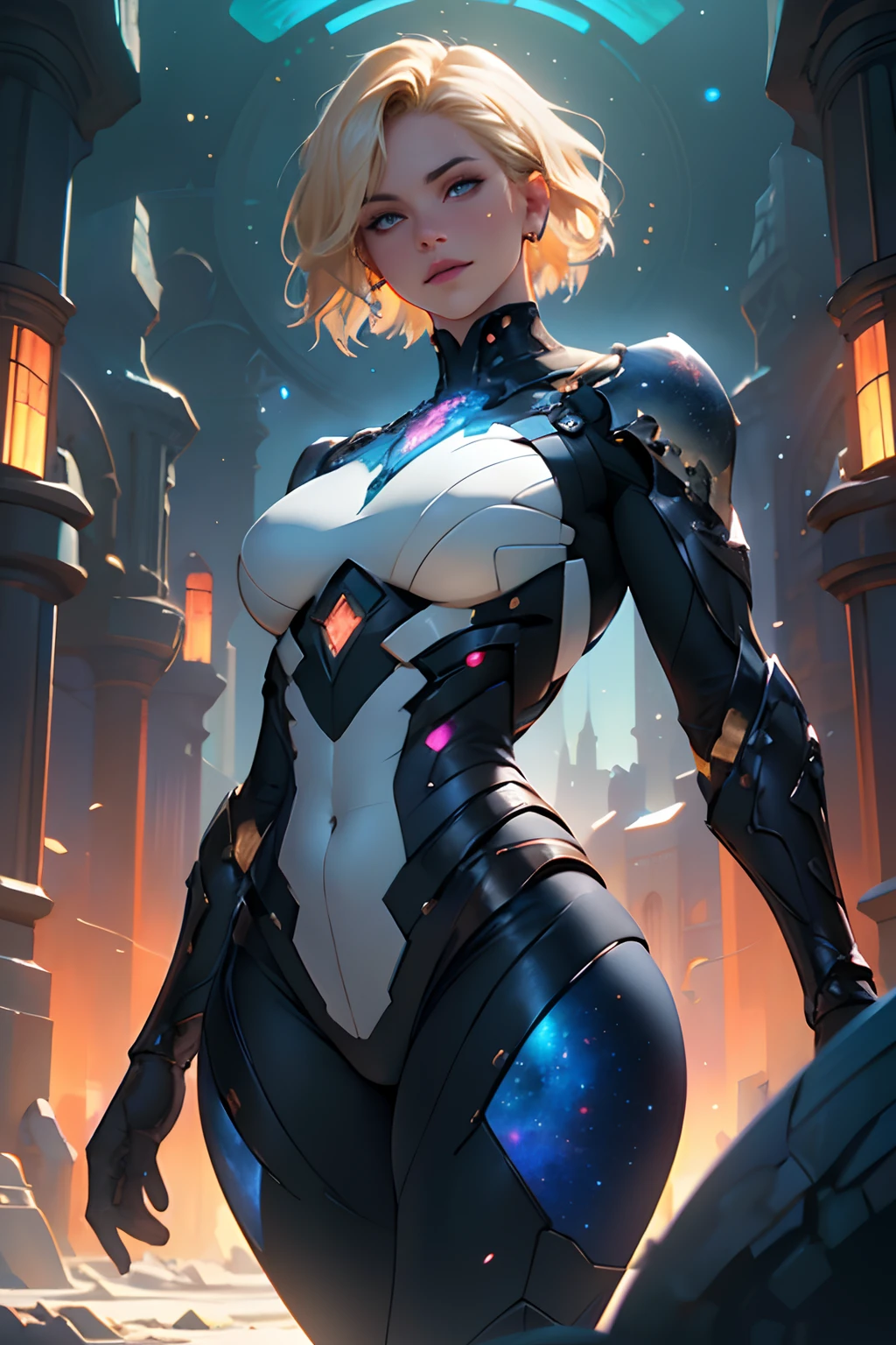 Highly detailed RAW color photo, beautiful young woman, short blonde hair, dynamic pose, (wide hips), (detailed skin), (detailed lips), (detailed eyes), (cosmic: 1.4), (necropolis: 1.1), (science fiction setting) (detailed face), (curvy), detailed eyes, chromatic aberration, depth of field, soft lighting, masterpiece, best quality, intricate, (lens reflection: 0.7), (flowering: 0.7), particle effects, ray tracing, tone mapping, highly detailed, concept art, smooth, sharp focus, dramatic lighting, highly detailed art, cinematic, hyper-realistic painting, trending on Artstation, 8K, amazing shadows, realistic, (highly detailed background: 1.2), mid-journey art