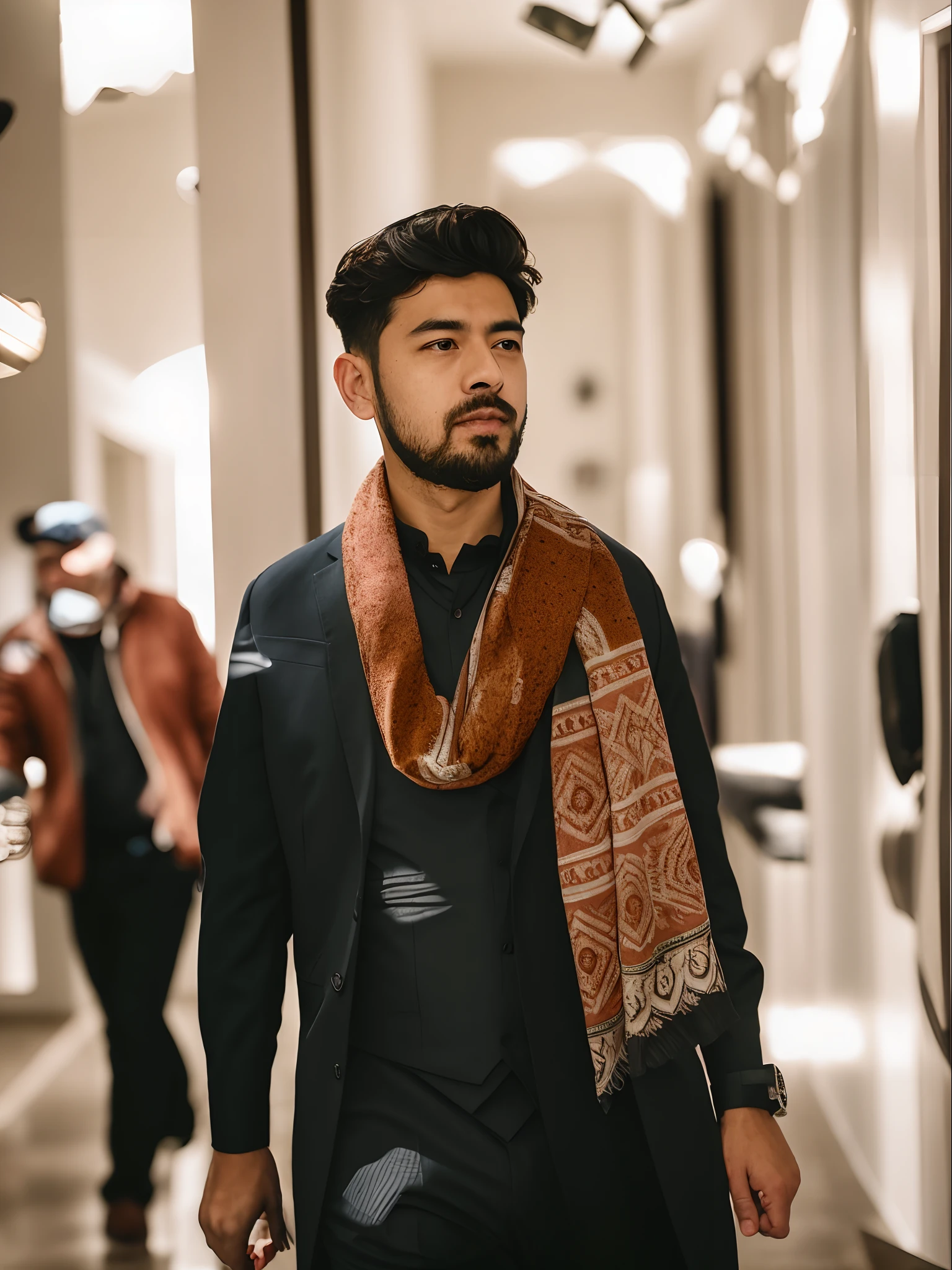 there is a man standing in a hallway with a scarf on, shot on sony a 7, shot on canon eos r5, shot on canon eos r 5, shot on nikon z9, candid picture, shot on sony a 7 iii, candid photography, captured on canon eos r 6, shot with premium dslr camera, handsome man, mid shot portrait
