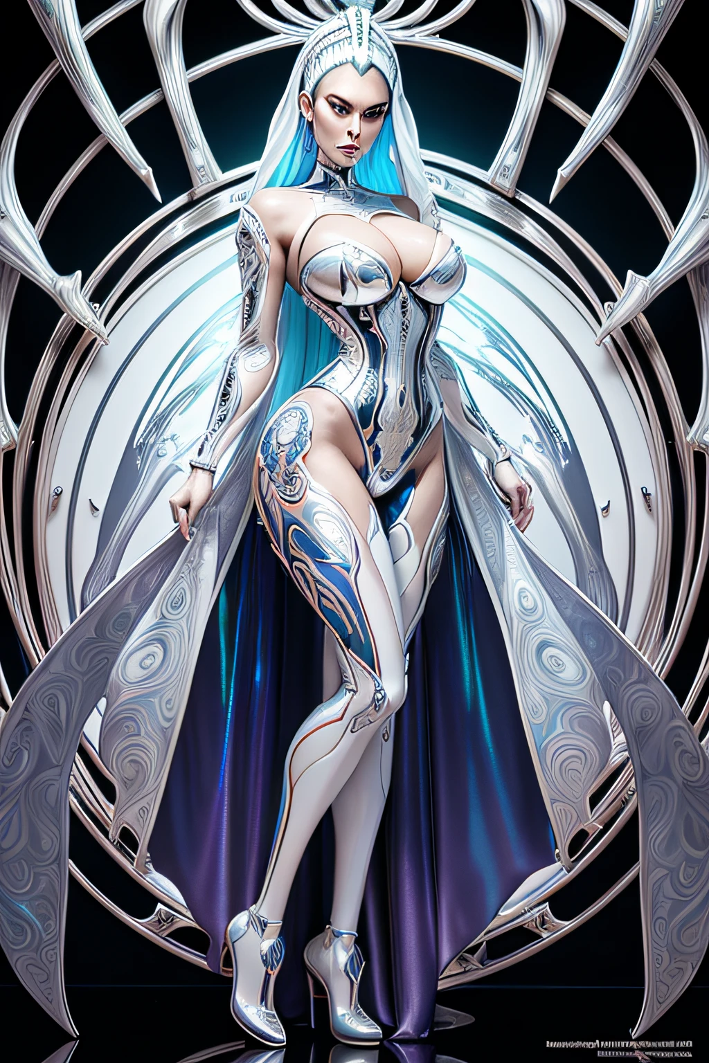 Strong contrast__hr_giger_art___flowing_contours__biomechaical__airbrush___strange__eerie__fashion_magazine_cover__art_deco_border___porcelain_and_platinum / A futuristic looking woman with porcelain skin / eleboratem intricate colourful iridescent chrome armour / face of Kendra Lust / full body side view