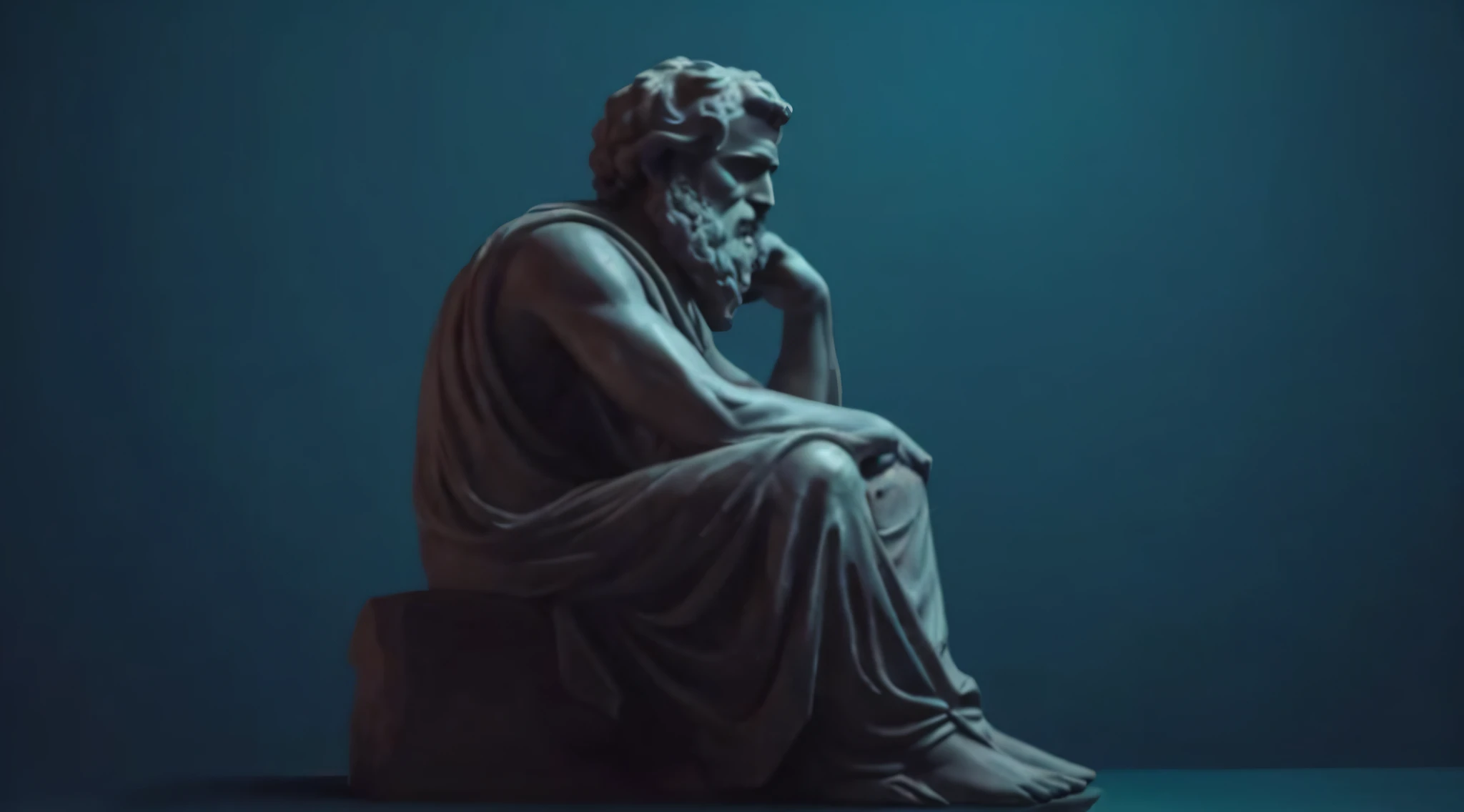 a statue of a man sitting on a rock with his hand on his chin with temple background, Estoicismo, philosopher, Pose estoica, an ancient greek statue, divino e estoico, inspired by Theophanes, o grego, classical statue, stoic, estoico and calm, Greek statue, a statue, theophanes, by Theophanes, o grego