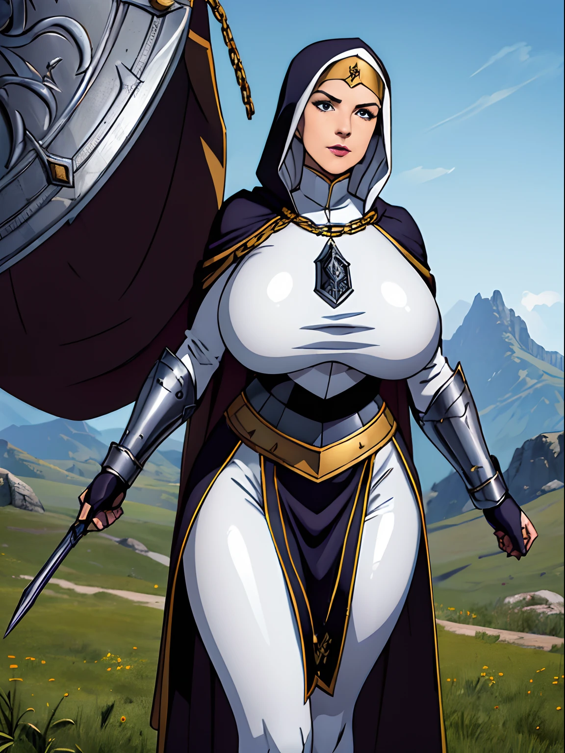 (masterpiece, top quality, best quality, official art, beautiful and aesthetic:1.2), (1girl:1.3), light freckles, fair skin, extremely detailed, portrait, looking at viewer, solo, (full body:0.6), detailed background, close up, (warm grasslands theme:1.1), holy paladin knight, charlatan, smirk, mysterious, swaying in mountains, modest attire, ornate white and gold armor, cowl, nun hood, wimple, boob armor, cowl, robe, chain mail, chainmail, leggings, chainmail leggings, chain mail leggings, breastplate, tabard, gorget, hood, pauldrons, greaves, armored, long boots, longsword, shield, cape, cloak, white fabric, pale leather, ((((gigantic breasts)))), slim waist, slim hips, long legs, medieval (mountain exterior:1.1) background, dark mysterious lighting, shadows, magical atmosphere, dutch angle,