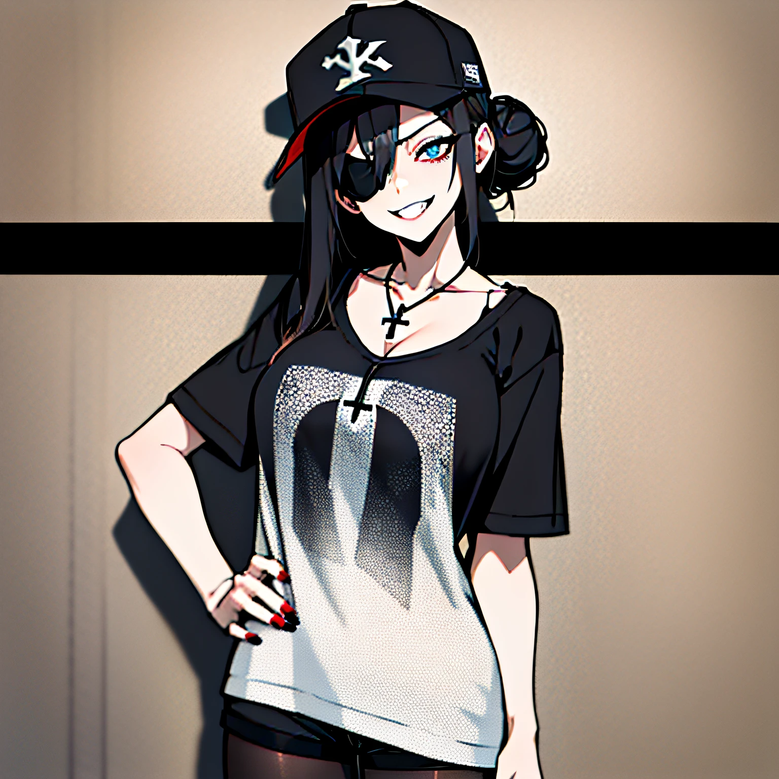 (absurdres, 8k, 4k, masterpiece, hyper extreme detailed:1.2), best quality, expressive eyes, highres, perfect eyes, 1girl, perfect face, perfect hands, Long Hair, Black hair, braided buns, buns in hair, large bust, crazy face, crazy eyes, crazy smile, eyepatch, gothic, cross necklace, black shirt, streetwear, pantyhose, baseball cap, curious, half body, street clothing, graphic t-shirt, standing, leaning against wall, gothic, pale skin, no background, absurdquality, shocked, concerned, confused, head tilt, cowboy_shot, shorts, cleavage, short shirt, fang tooth, black nails, black eyepatch, smile, black pantyhose,