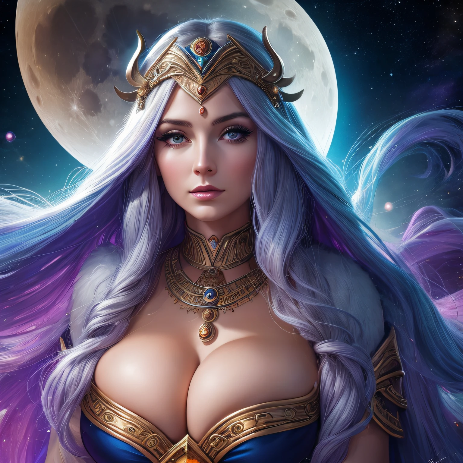 a painting of a 40 years old woman with long hair and huge breasts, portrait of a cosmic goddess, jen bartel, portrait of a norse moon goddess, goddess of space and time, moon goddess, cosmic goddess, celestial goddess, lunar goddess, high priestess, art deco of a space woman, the high priestess, goddess of the moon, goddess of galaxies