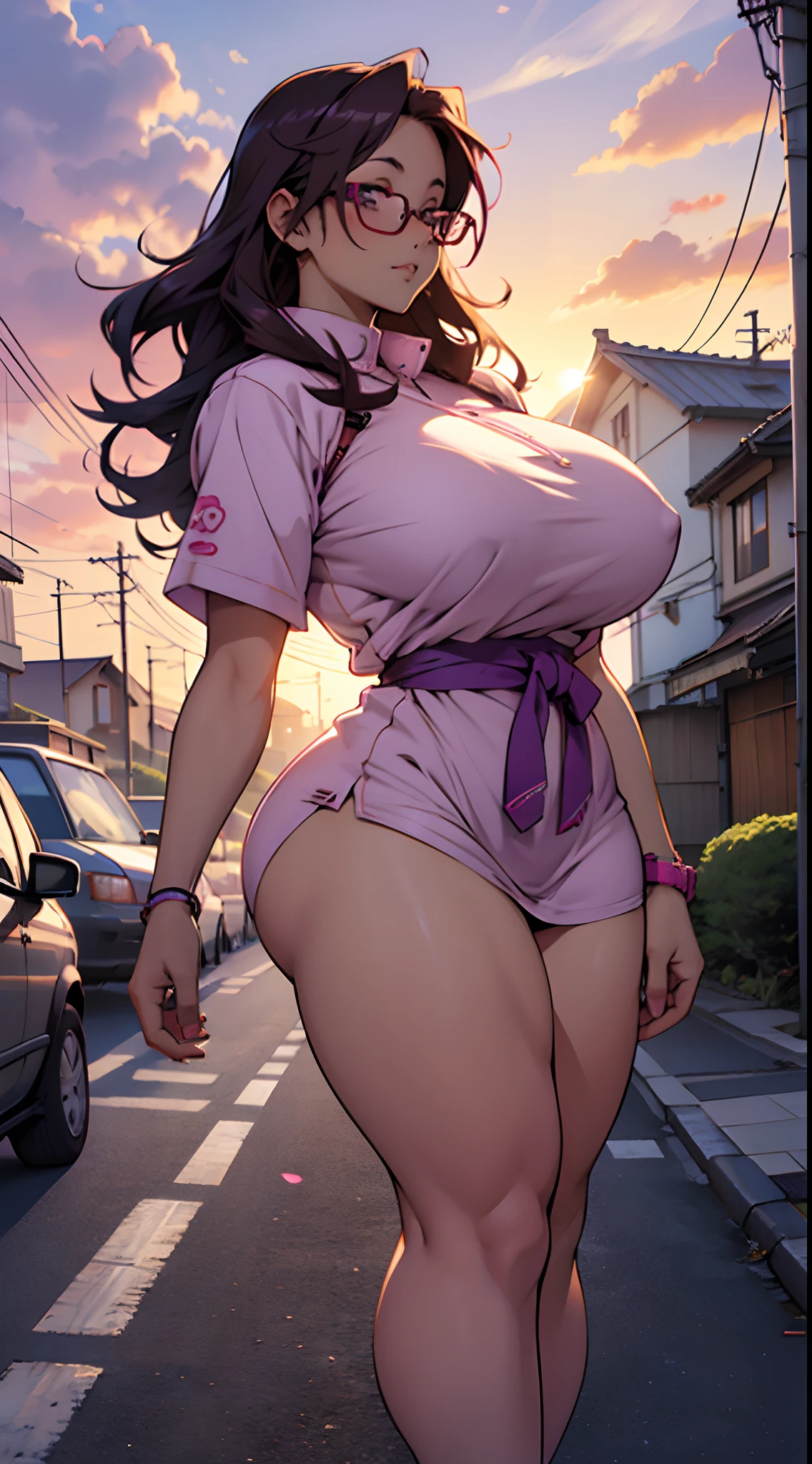 Curvy Anime woman glasses, 28 yrs old, huge breasts, sexy body, oversized breasts, listening to music in cycle in the street of rural Japaneses city, wide angle, anime woman, sunset, relaxed, pink and purple cloud, starts, soft light, nsfw